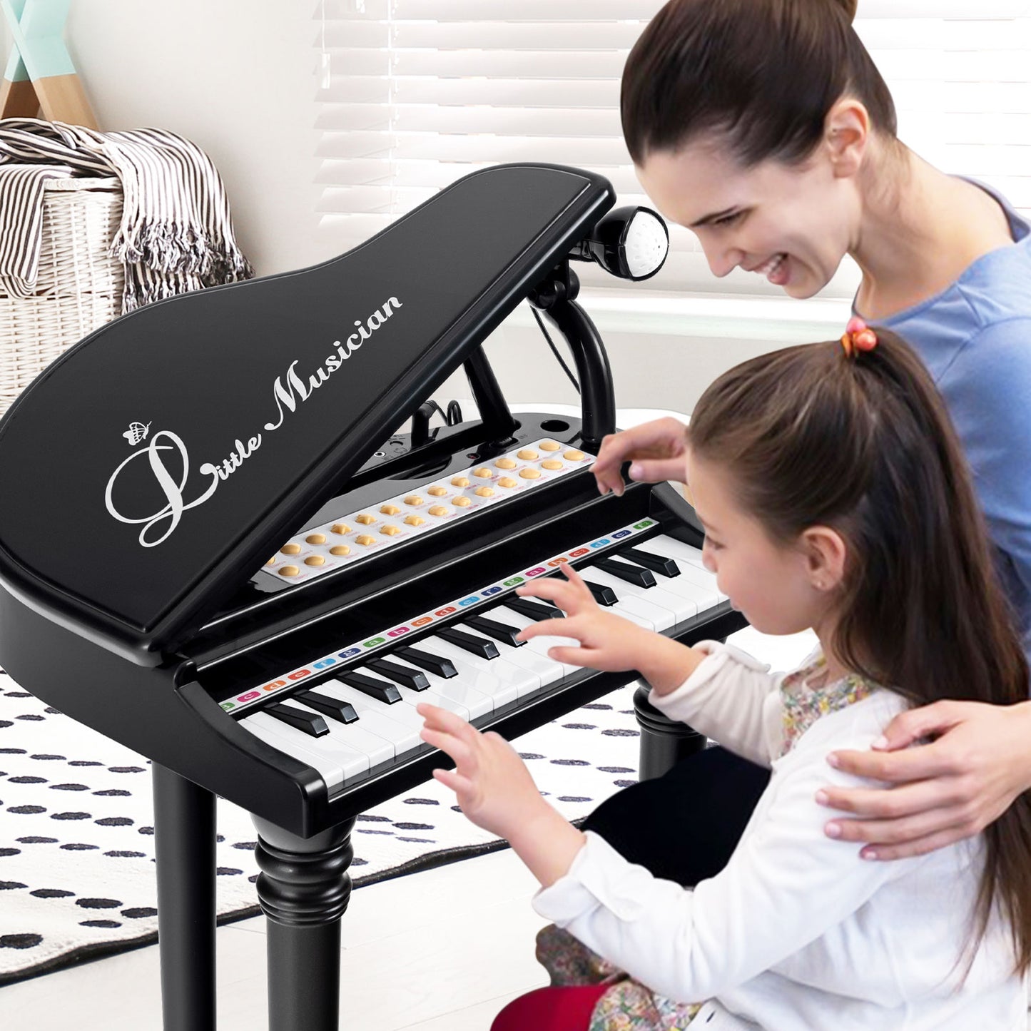 31 Keys Kids Piano Keyboard with Stool and Piano Lid-Black Kids Crystal