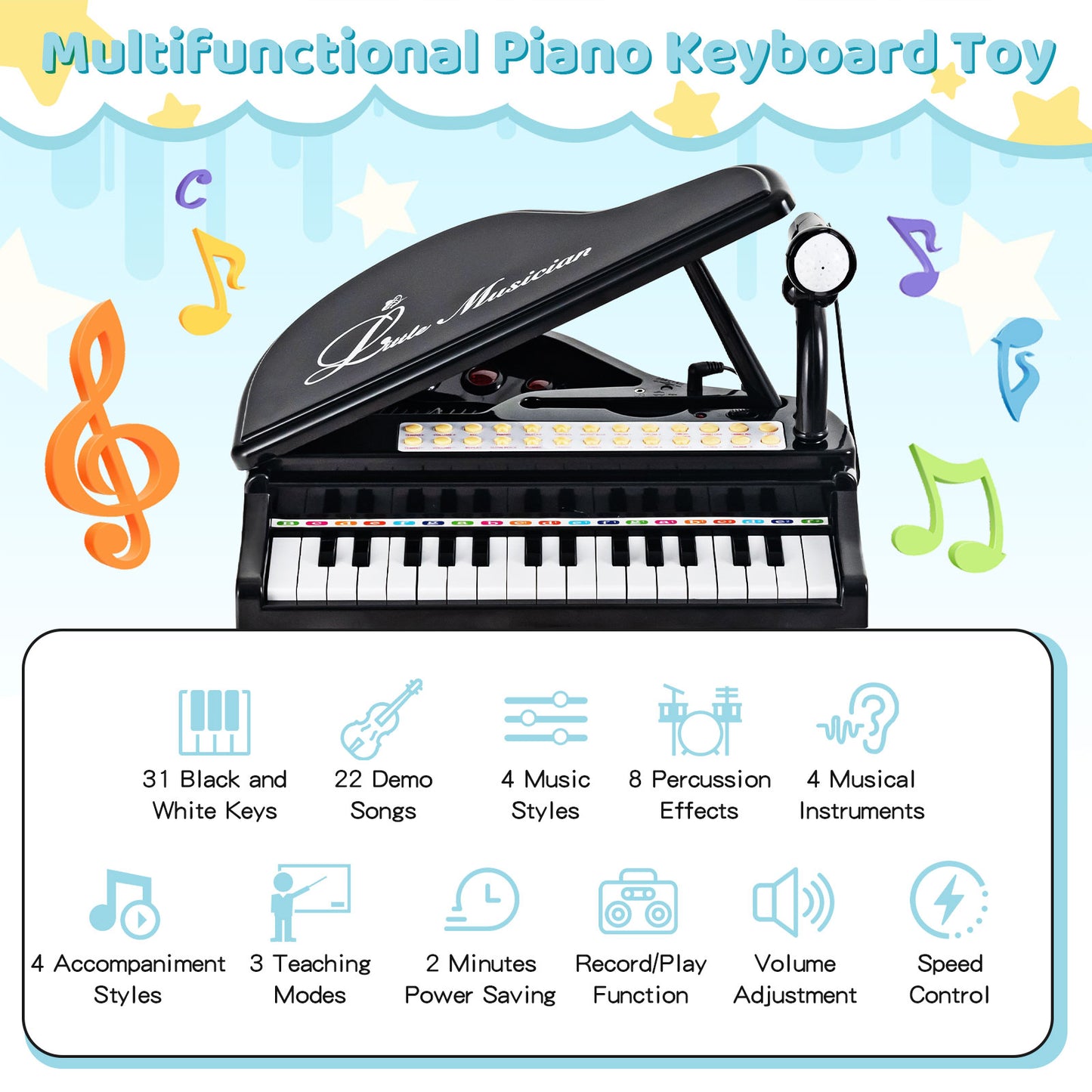 31 Keys Kids Piano Keyboard with Stool and Piano Lid-Black Kids Crystal
