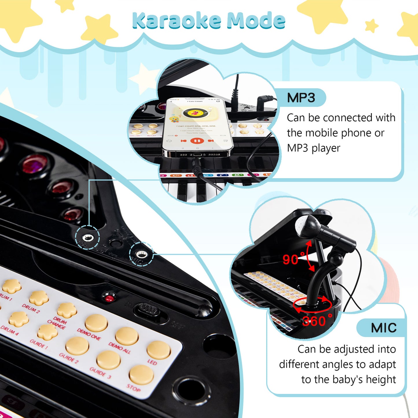 31 Keys Kids Piano Keyboard with Stool and Piano Lid-Black Kids Crystal