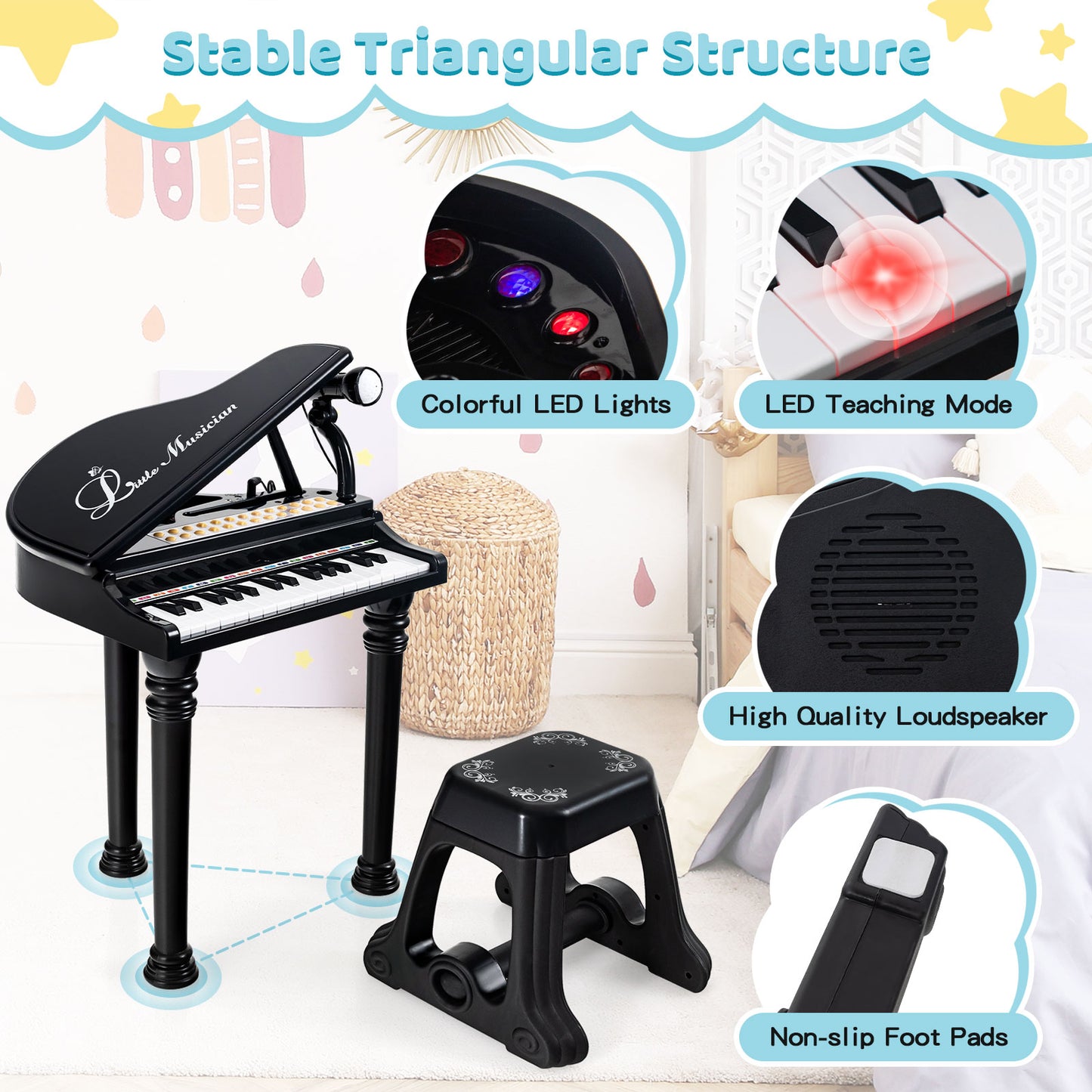31 Keys Kids Piano Keyboard with Stool and Piano Lid-Black Kids Crystal