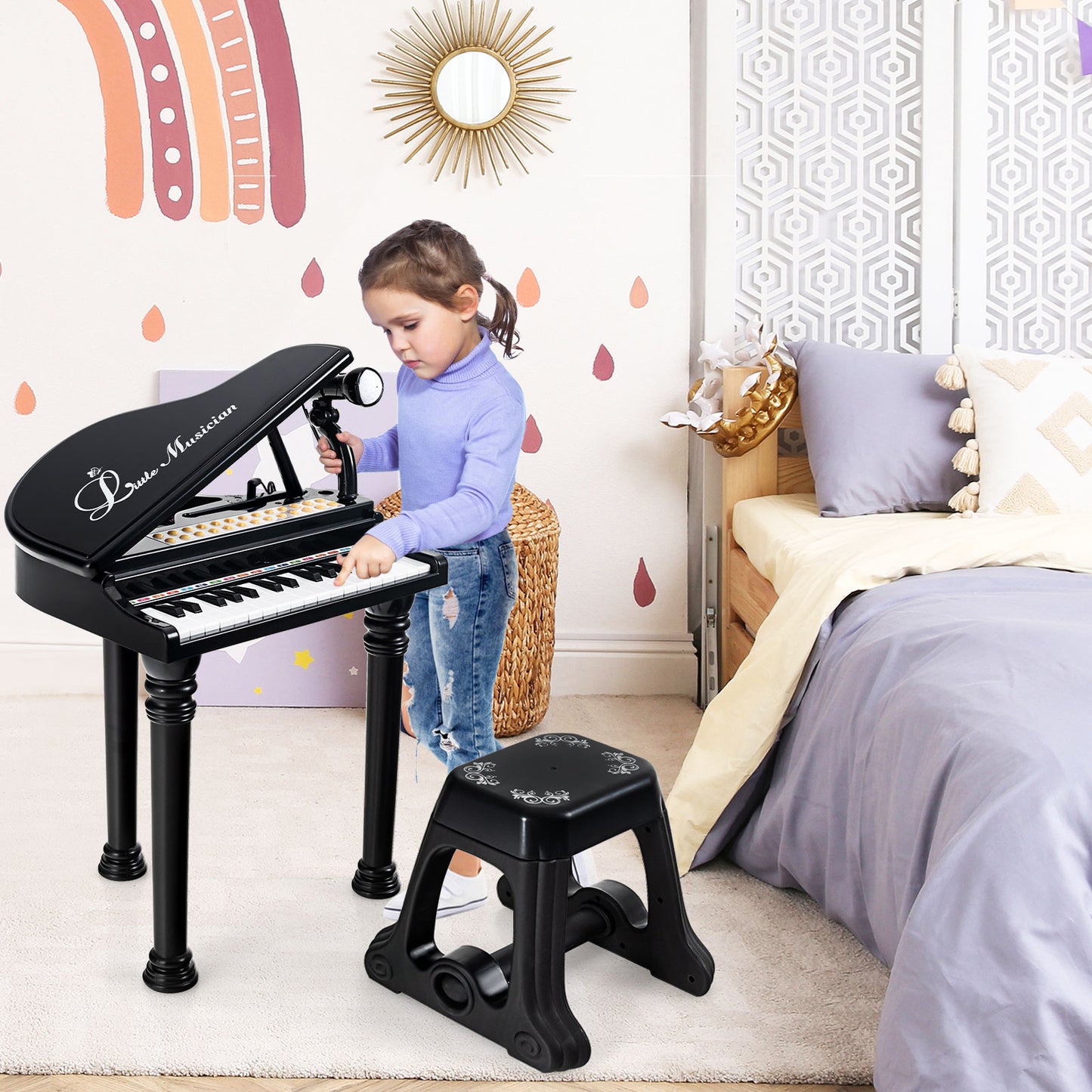 31 Keys Kids Piano Keyboard with Stool and Piano Lid-Black Kids Crystal