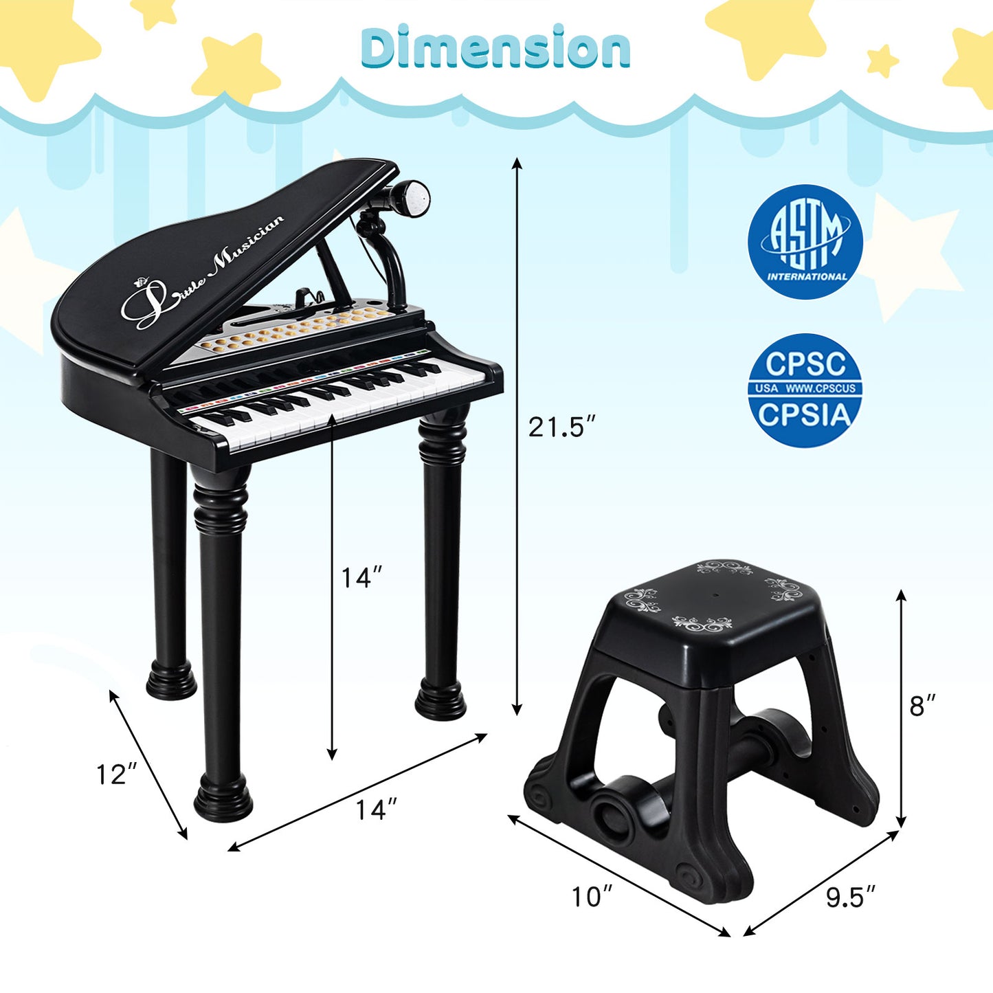 31 Keys Kids Piano Keyboard with Stool and Piano Lid-Black Kids Crystal