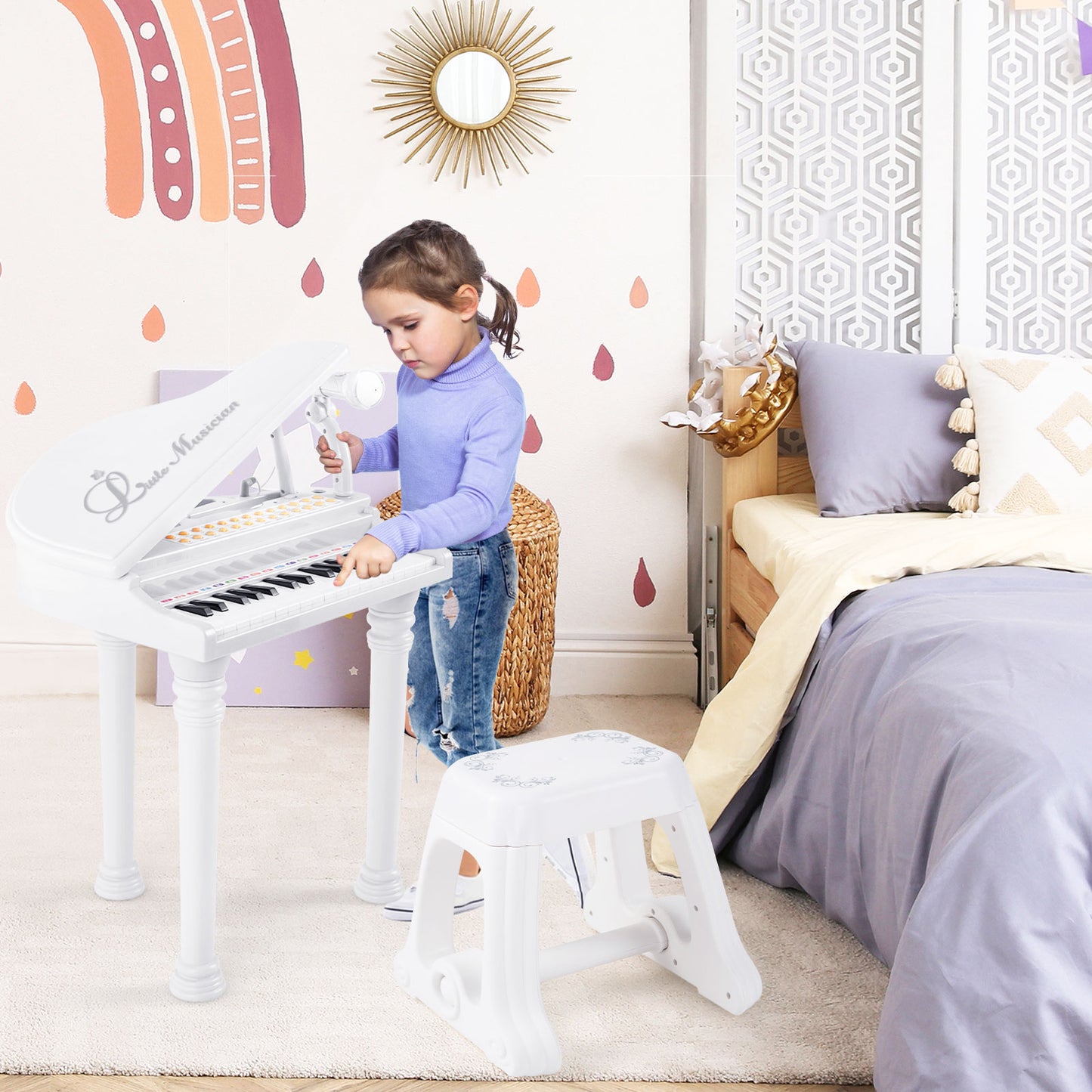 31 Keys Kids Piano Keyboard with Stool and Piano Lid-White Kids Crystal
