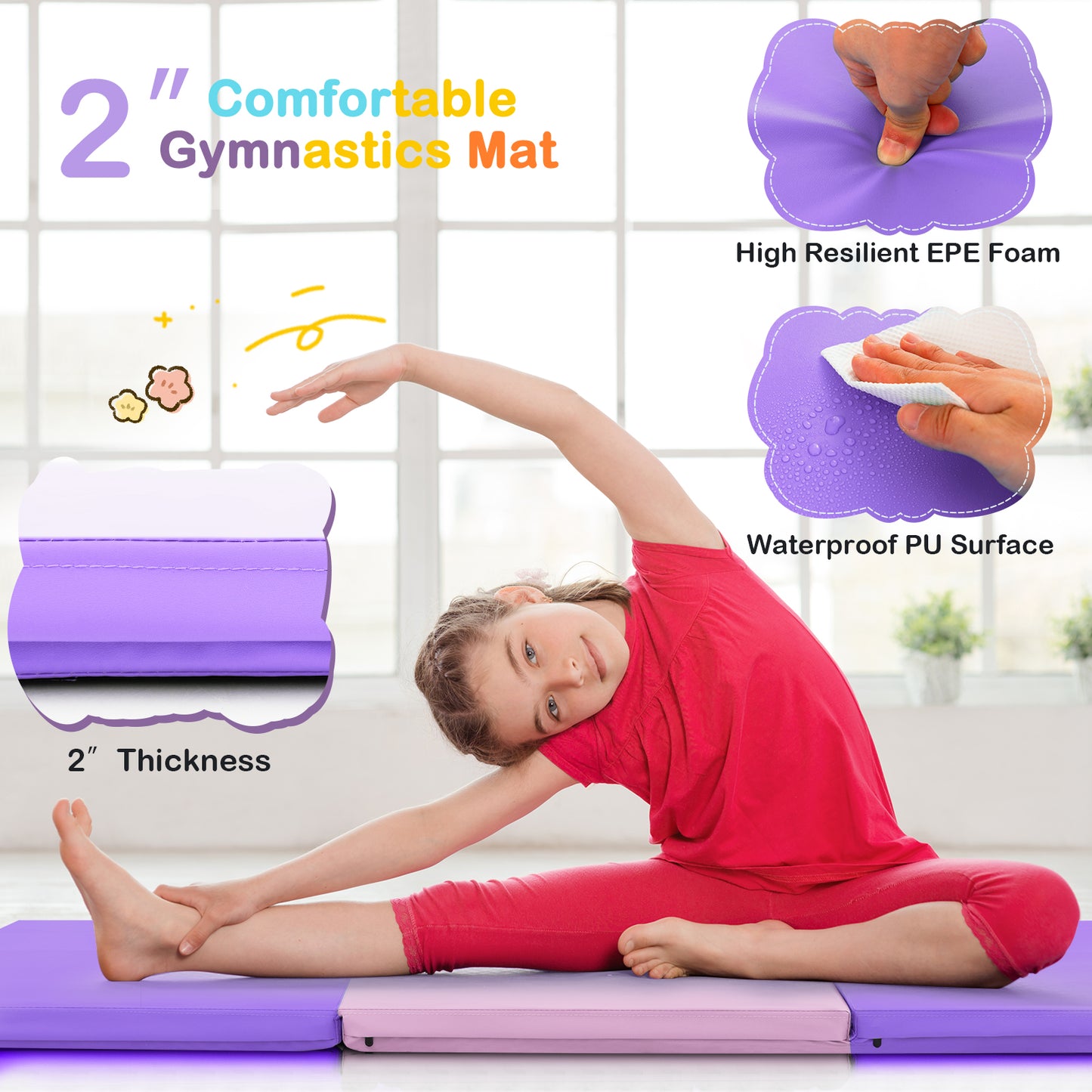6 x 2 FT Tri-Fold Gym Mat with Handles and Removable Zippered Cover-Pink & Purple Kids Crystal
