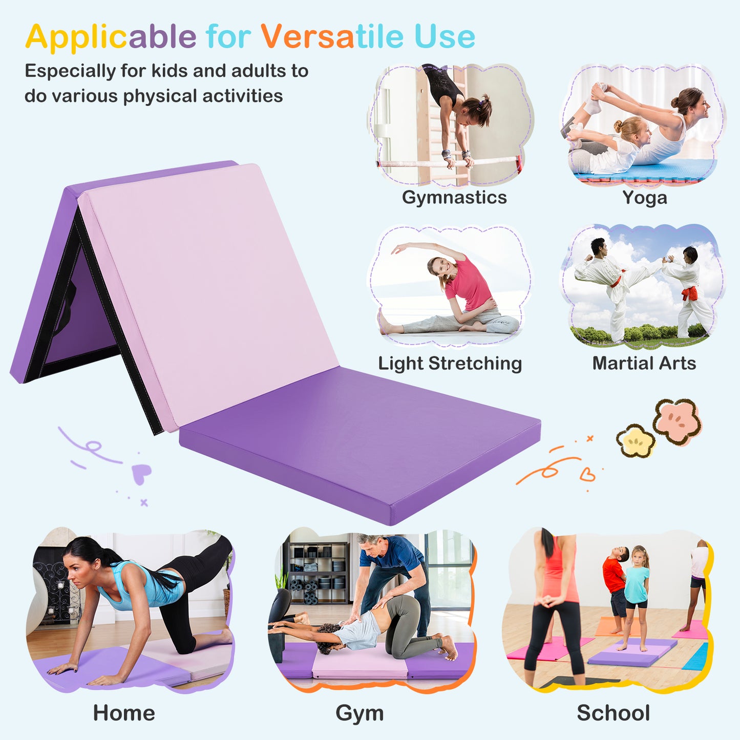 6 x 2 FT Tri-Fold Gym Mat with Handles and Removable Zippered Cover-Pink & Purple Kids Crystal