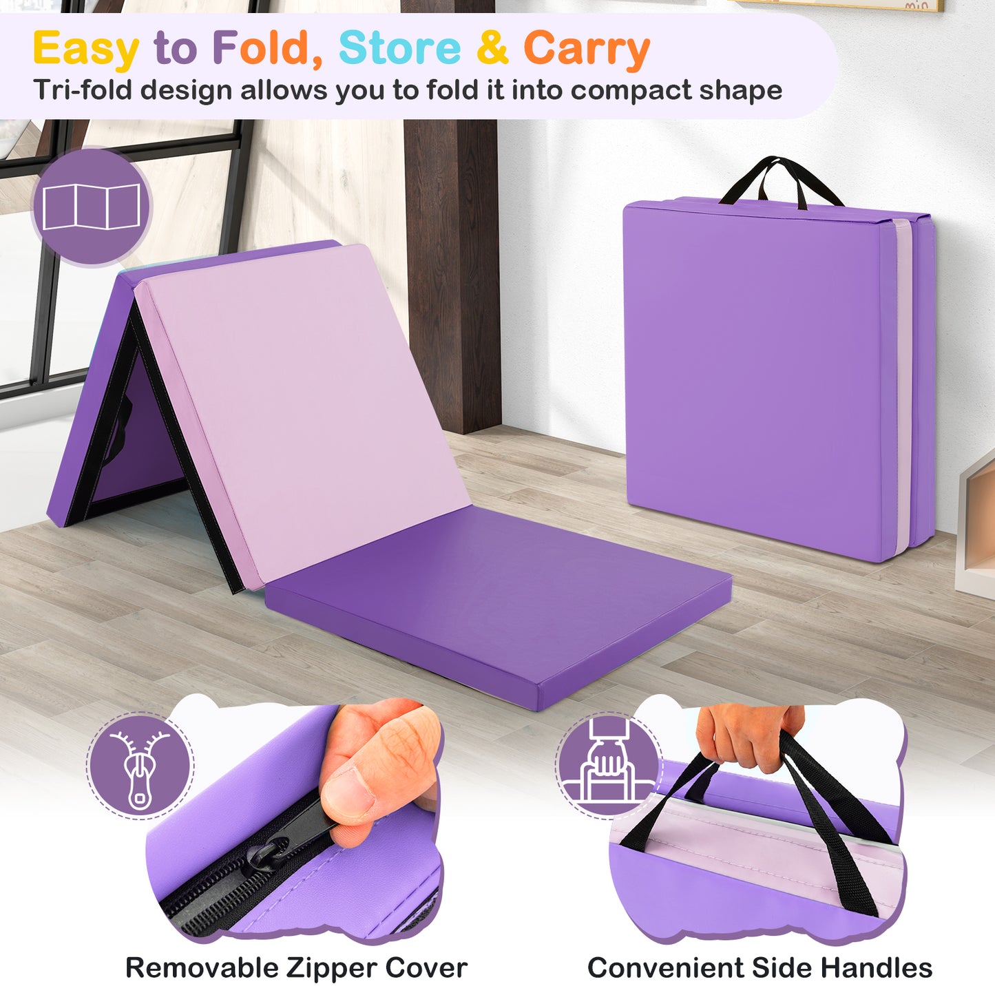6 x 2 FT Tri-Fold Gym Mat with Handles and Removable Zippered Cover-Pink & Purple Kids Crystal