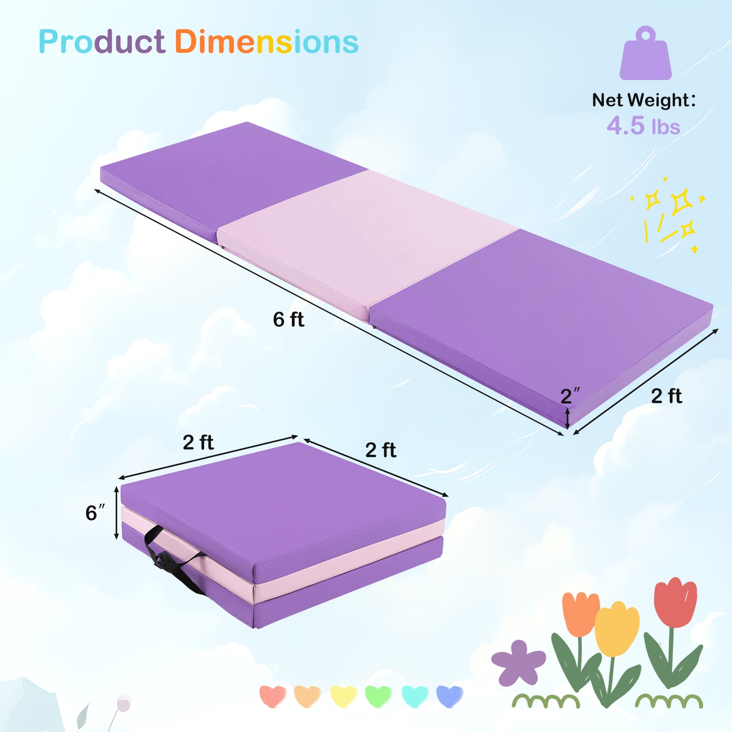 6 x 2 FT Tri-Fold Gym Mat with Handles and Removable Zippered Cover-Pink & Purple Kids Crystal