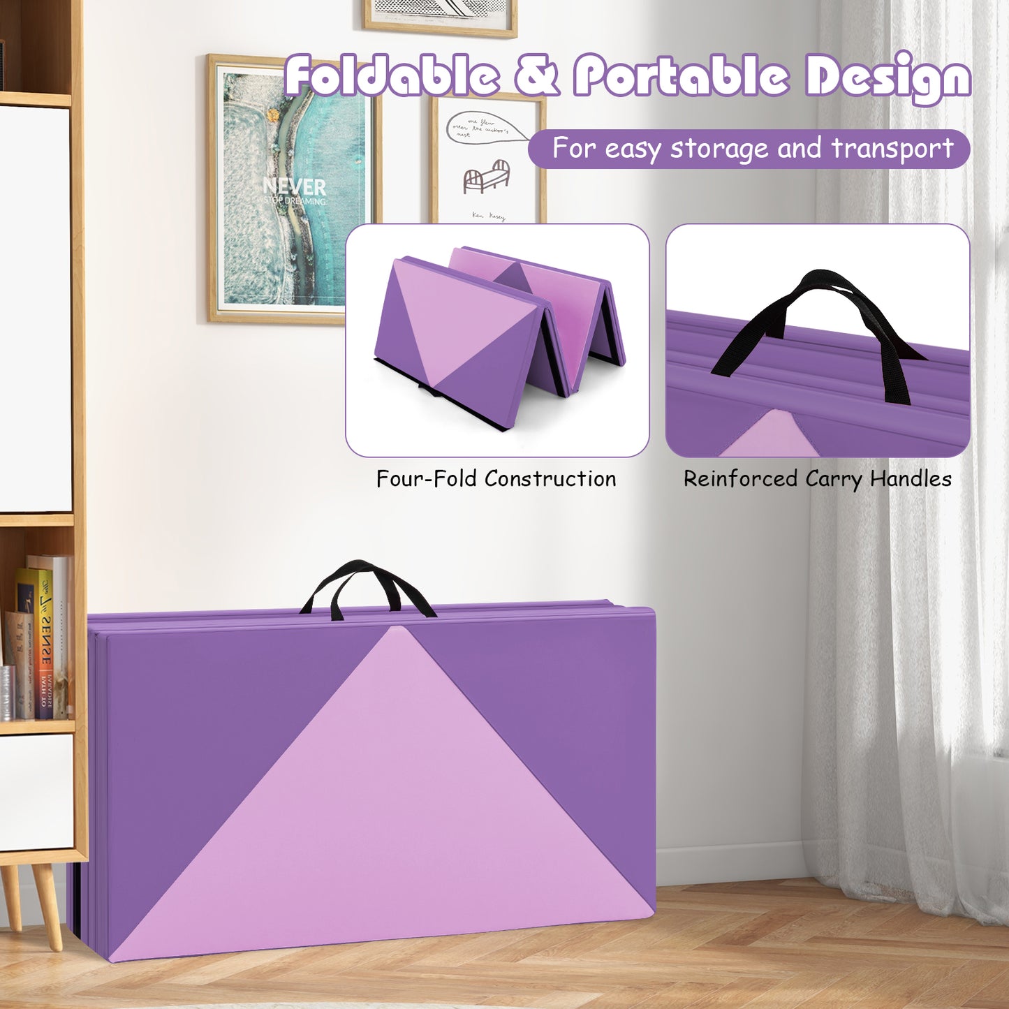 8 Feet PU Leather Folding Gymnastics Mat with Hook and Loop Fasteners-Pink & Purple Kids Crystal