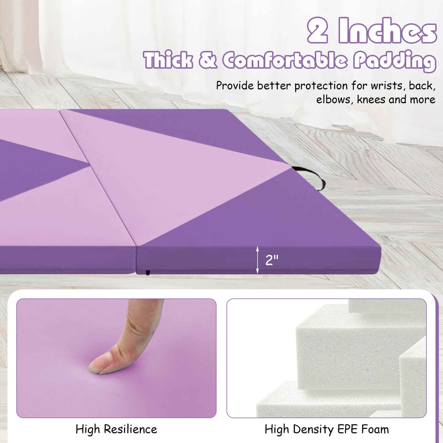 8 Feet PU Leather Folding Gymnastics Mat with Hook and Loop Fasteners-Pink & Purple Kids Crystal