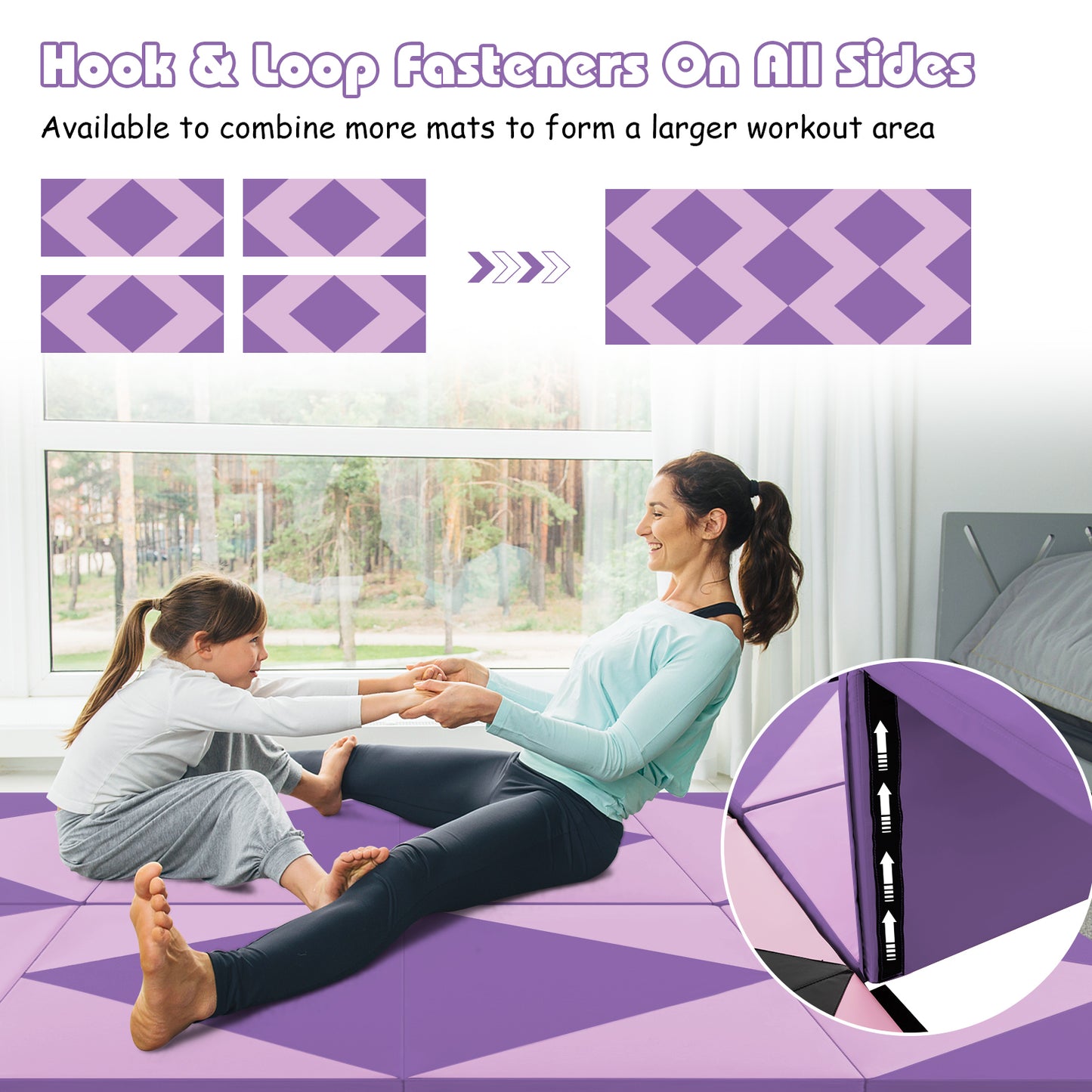 8 Feet PU Leather Folding Gymnastics Mat with Hook and Loop Fasteners-Pink & Purple Kids Crystal