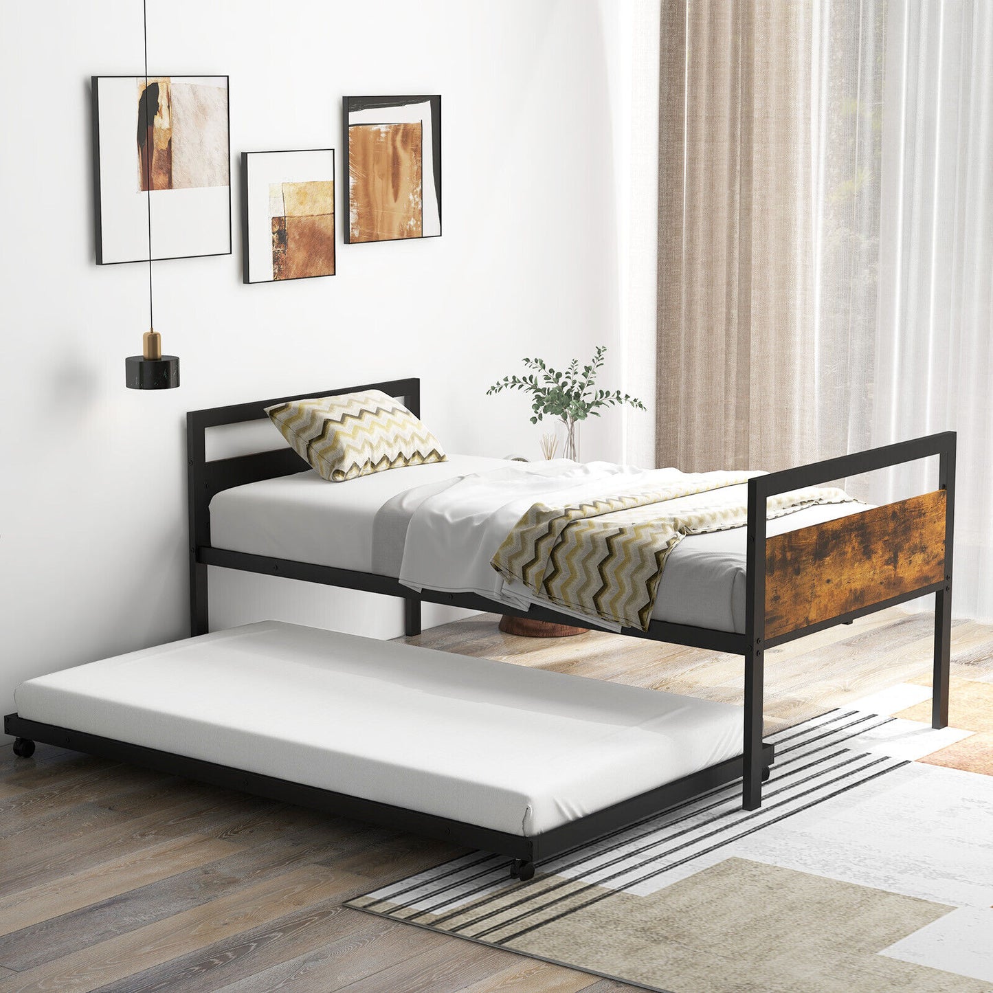 Twin Metal Daybed with Trundle Lockable Wheels-Twin Size Kids Crystal
