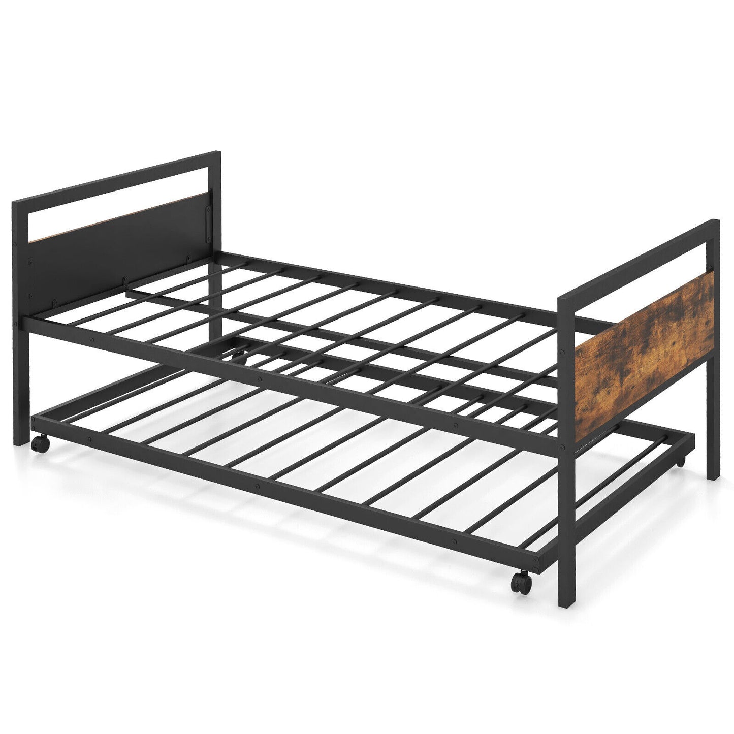 Twin Metal Daybed with Trundle Lockable Wheels-Twin Size Kids Crystal