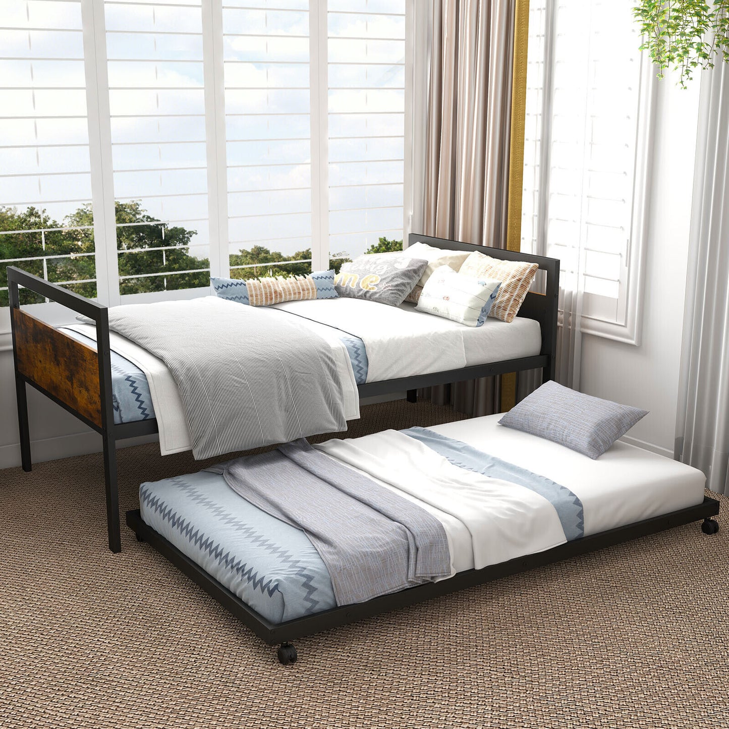Twin Metal Daybed with Trundle Lockable Wheels-Twin Size Kids Crystal