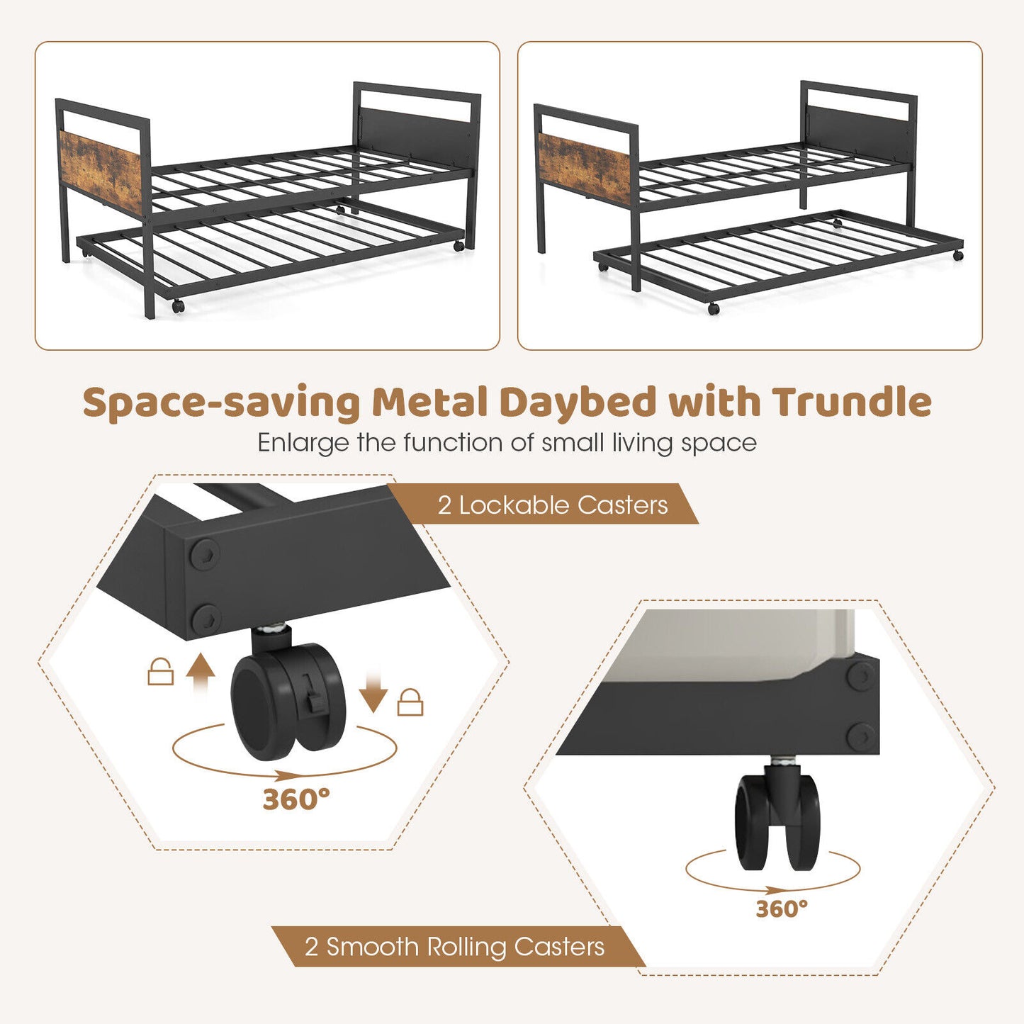 Twin Metal Daybed with Trundle Lockable Wheels-Twin Size Kids Crystal