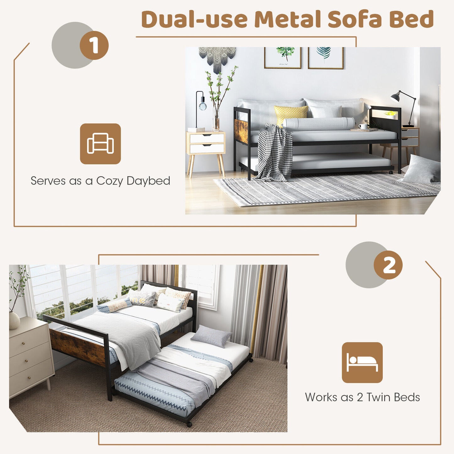 Twin Metal Daybed with Trundle Lockable Wheels-Twin Size Kids Crystal