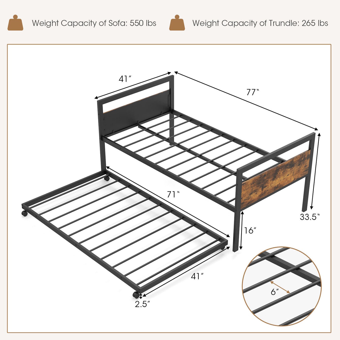 Twin Metal Daybed with Trundle Lockable Wheels-Twin Size Kids Crystal