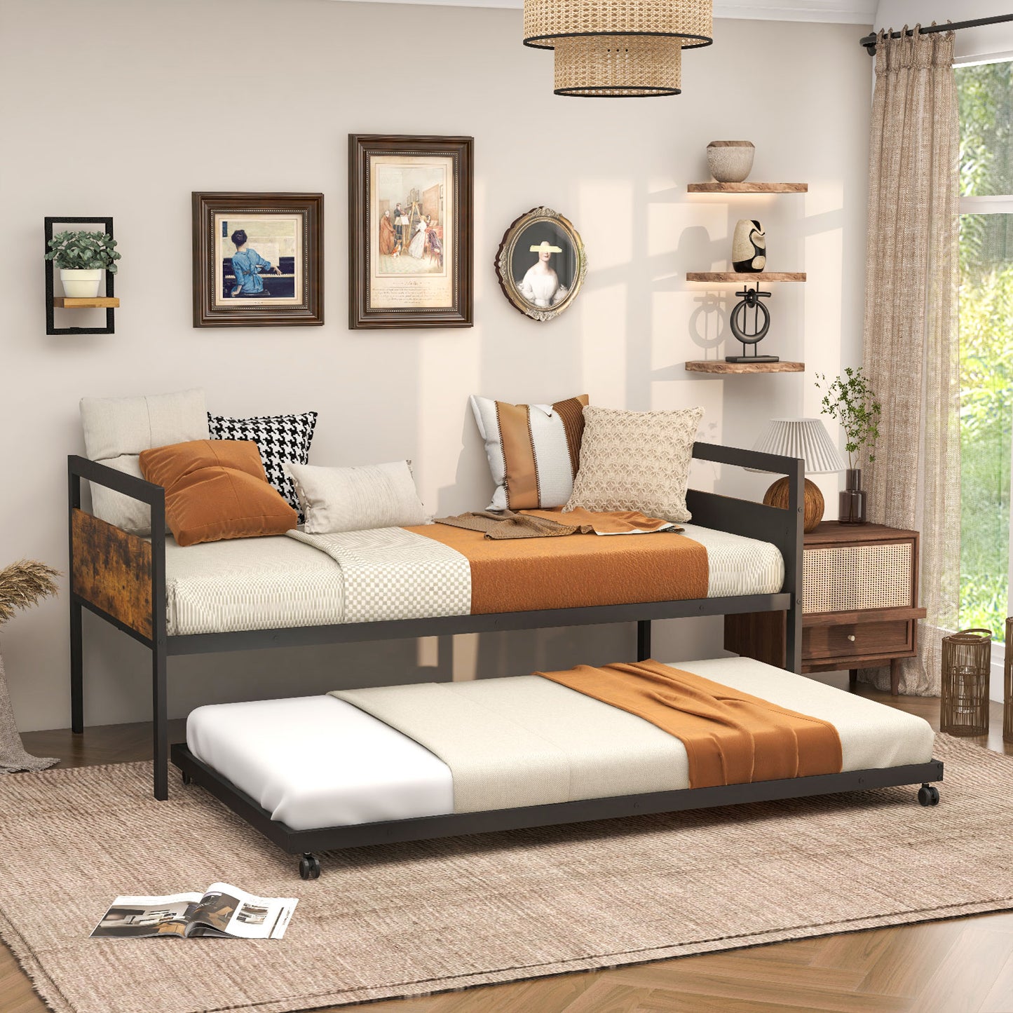 Twin Metal Daybed with Trundle Lockable Wheels-Twin Size Kids Crystal