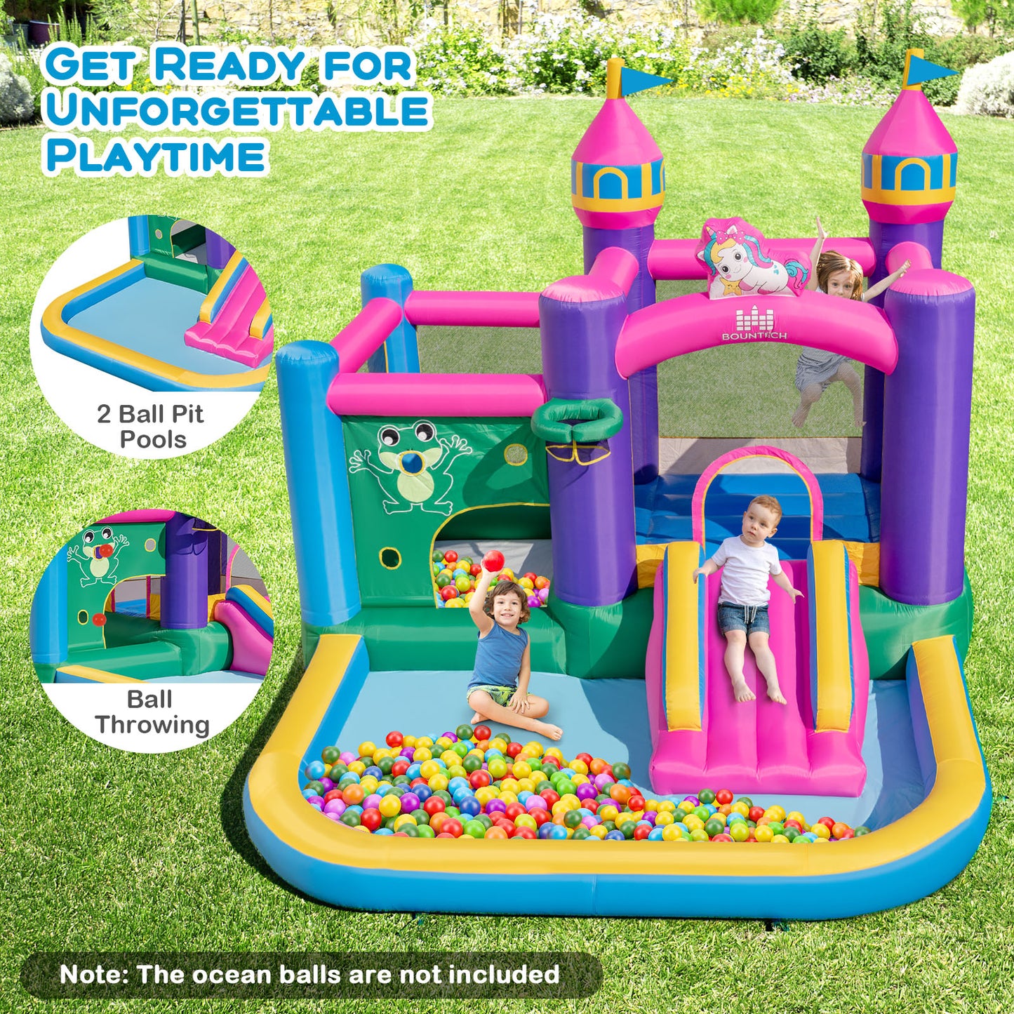 6-in-1 Kids Blow up Castle with Slide and Jumping Area and Ball Pit Pools without Blower Kids Crystal
