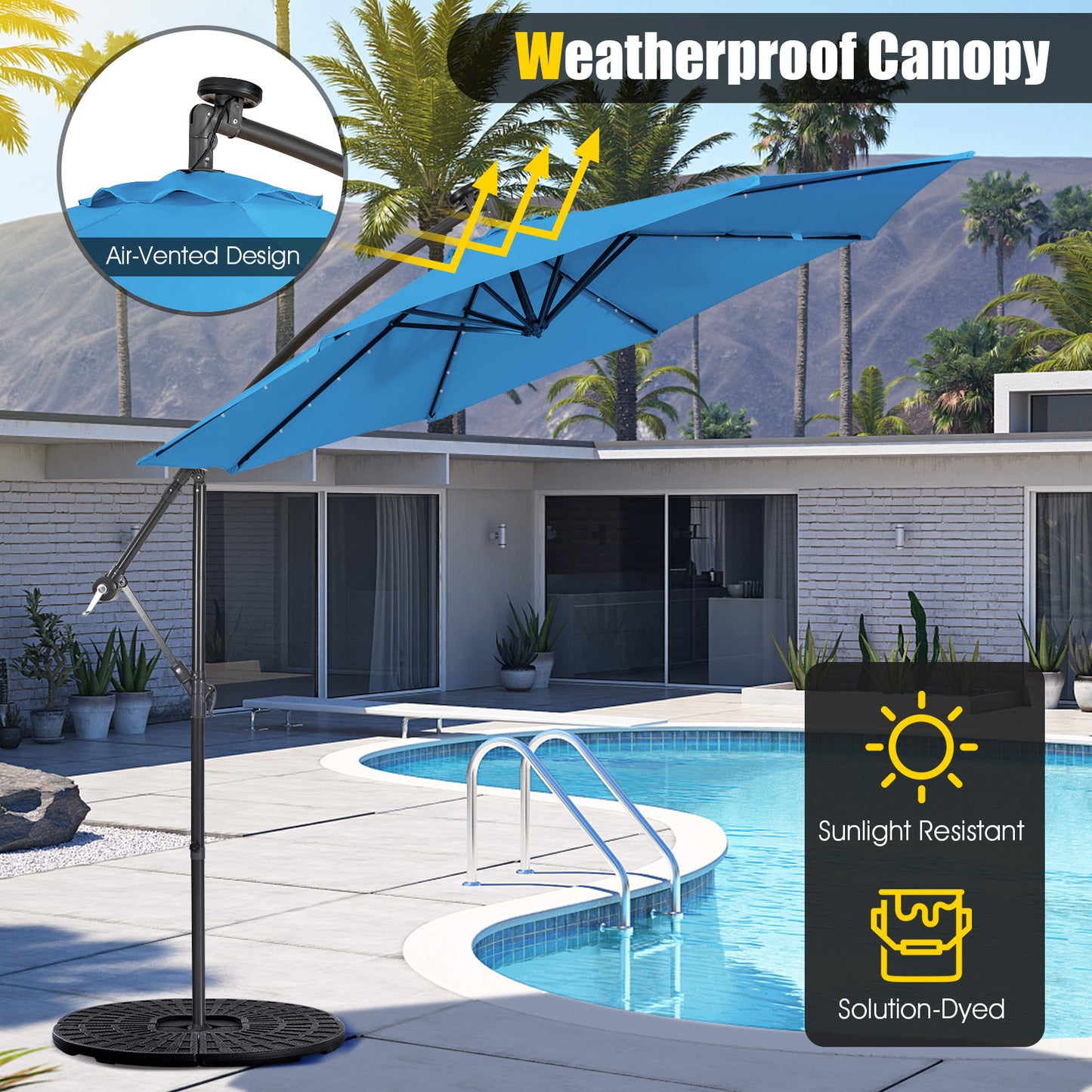10 Feet Patio Solar Powered Cantilever Umbrella with Tilting System-Blue Kids Crystal