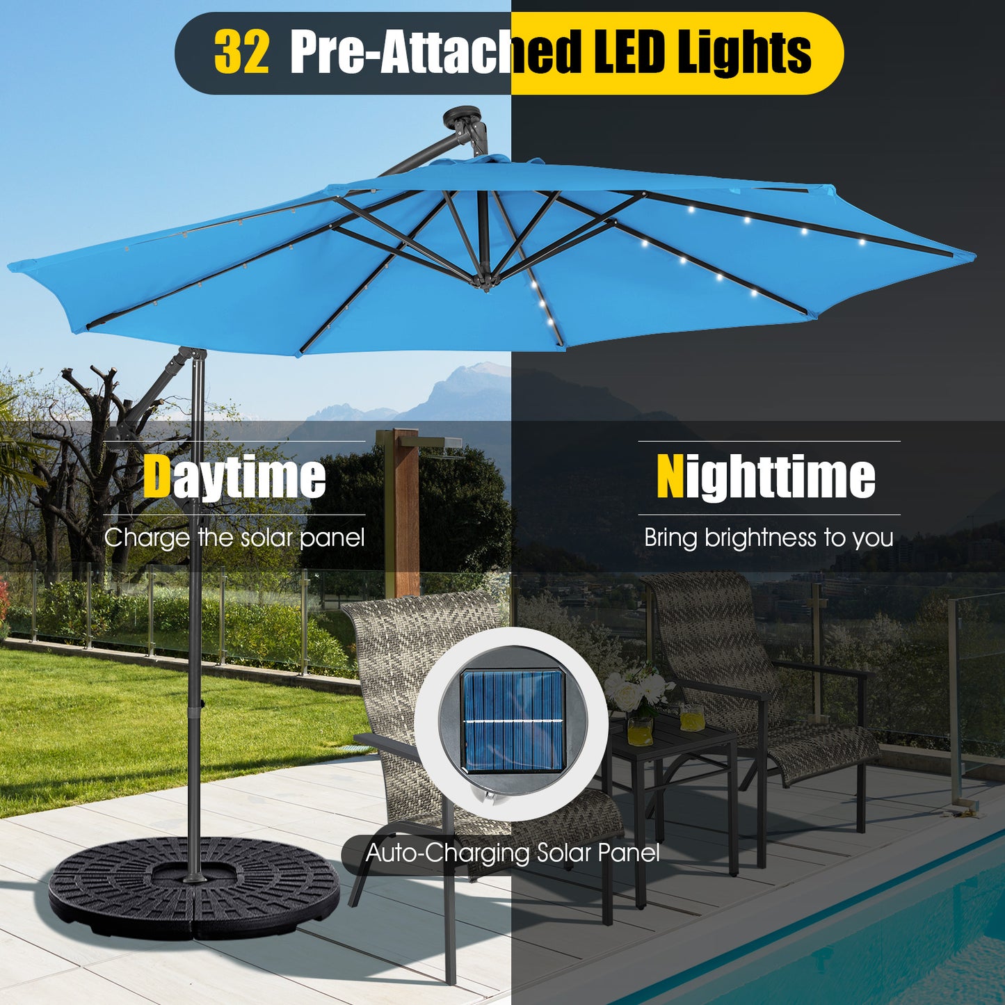10 Feet Patio Solar Powered Cantilever Umbrella with Tilting System-Blue Kids Crystal