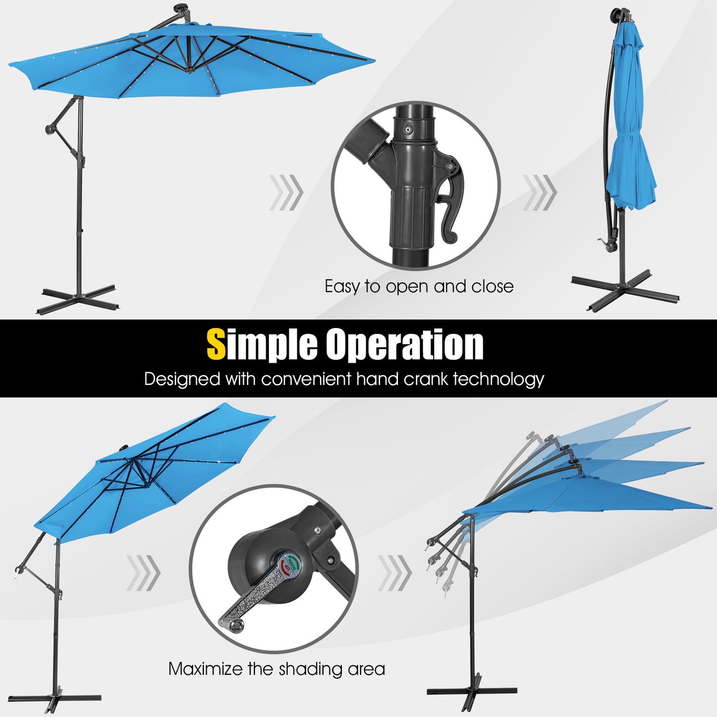 10 Feet Patio Solar Powered Cantilever Umbrella with Tilting System-Blue Kids Crystal