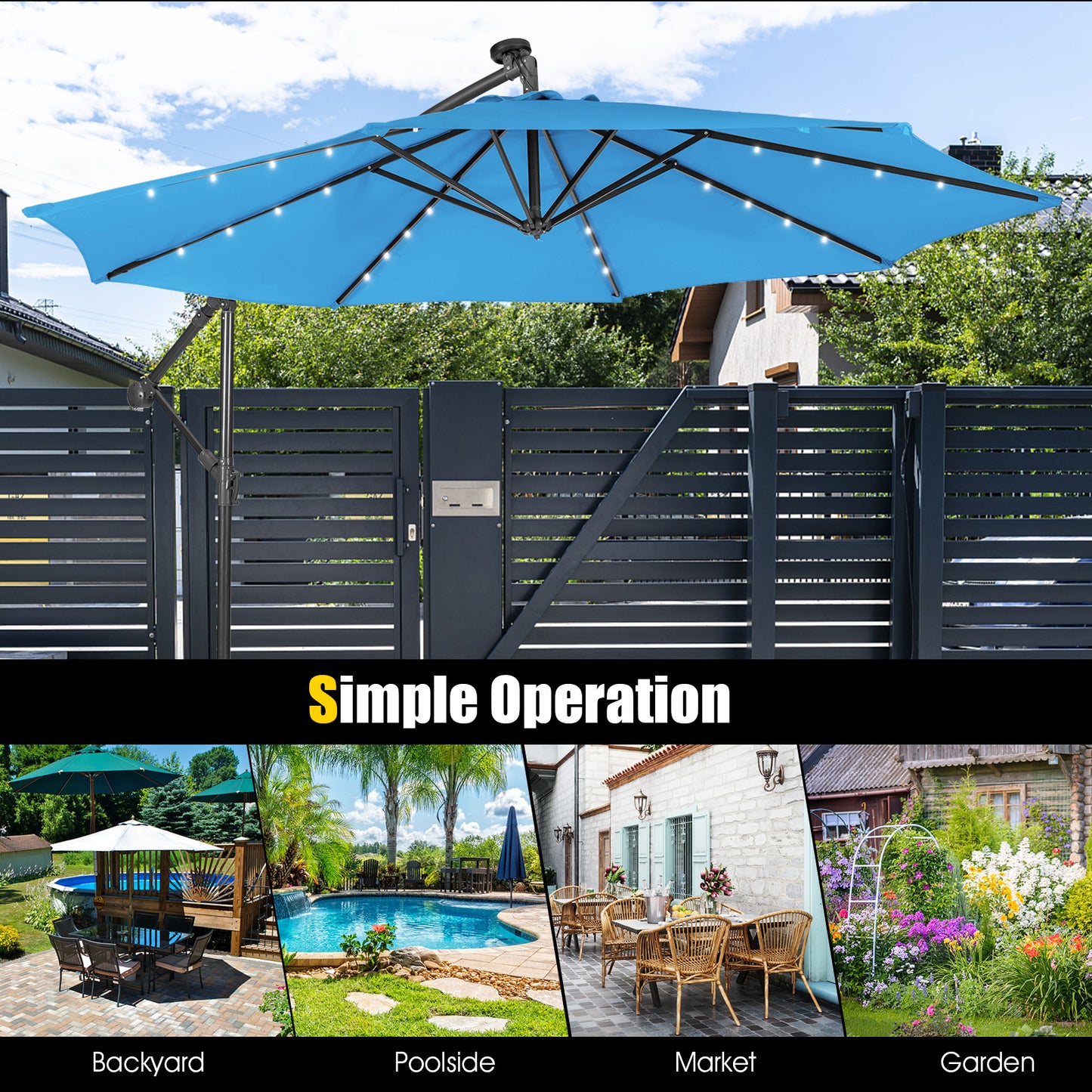 10 Feet Patio Solar Powered Cantilever Umbrella with Tilting System-Blue Kids Crystal