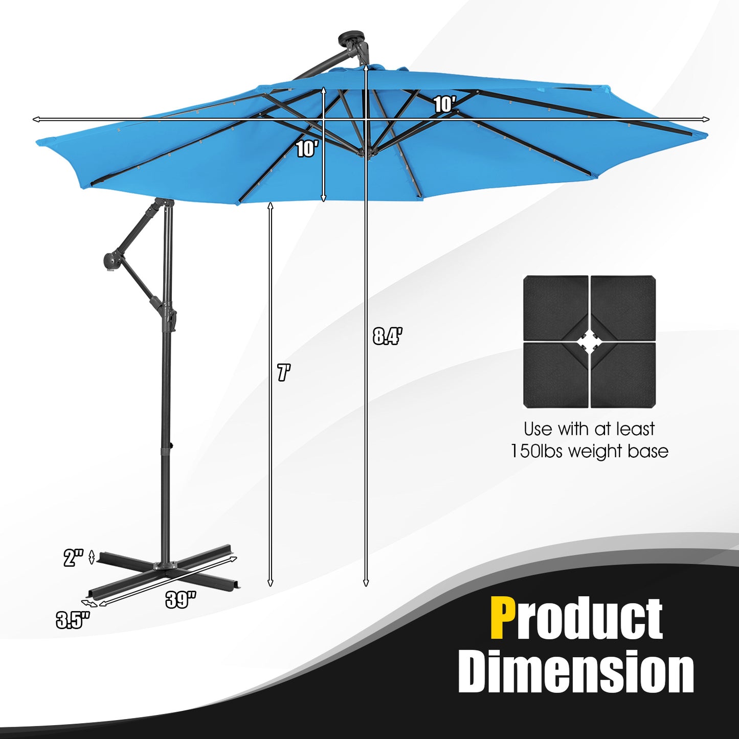 10 Feet Patio Solar Powered Cantilever Umbrella with Tilting System-Blue Kids Crystal