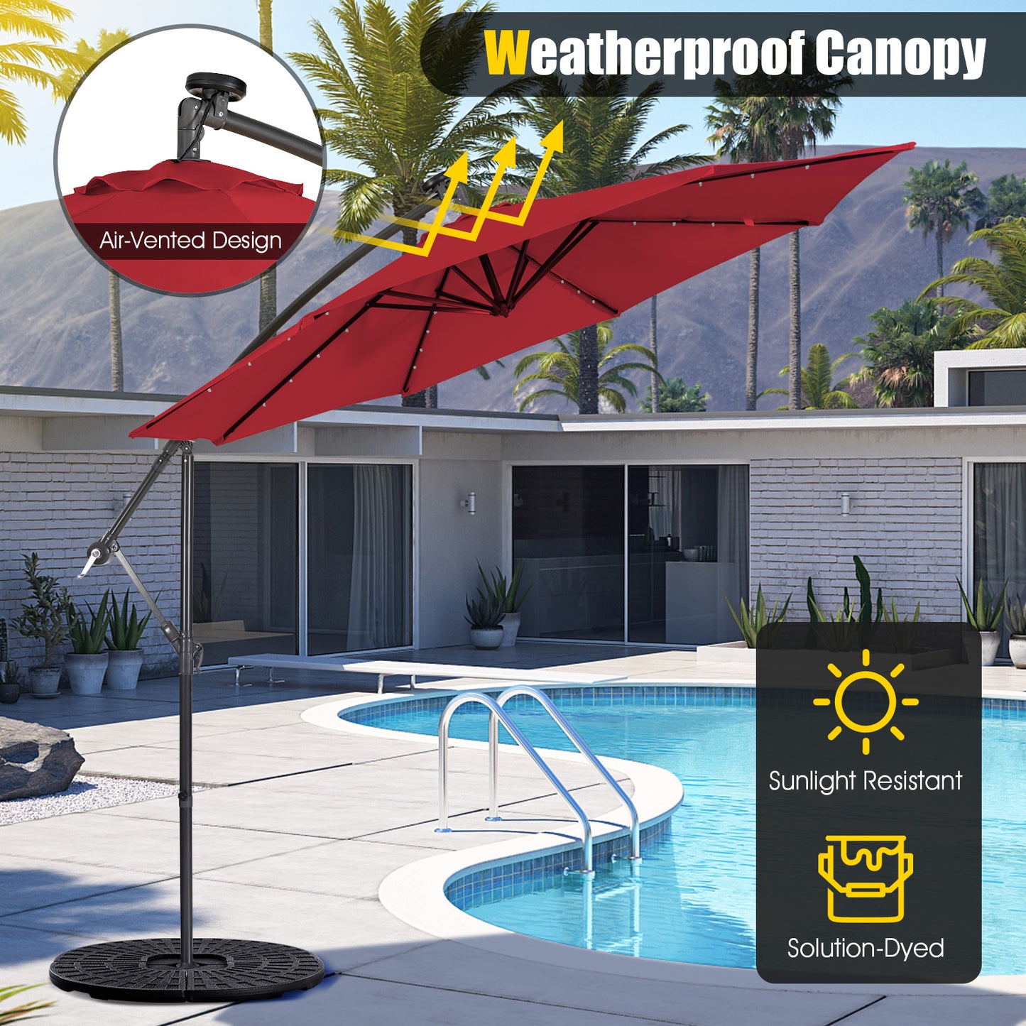 10 Feet Patio Solar Powered Cantilever Umbrella with Tilting System-Wine Kids Crystal