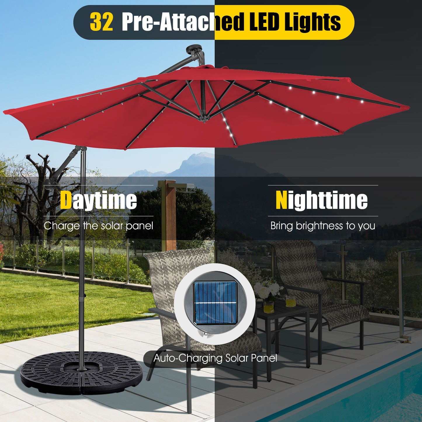 10 Feet Patio Solar Powered Cantilever Umbrella with Tilting System-Wine Kids Crystal