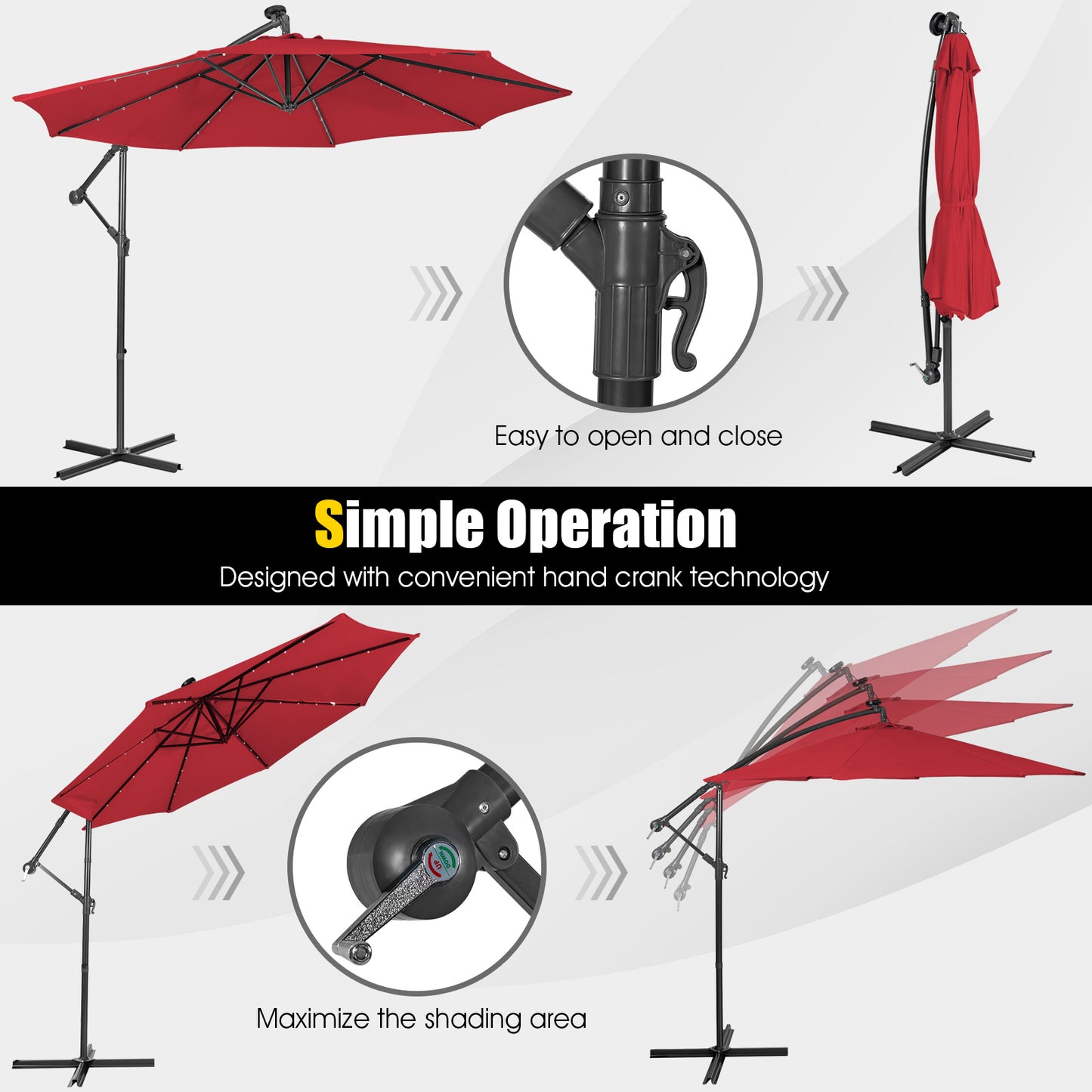 10 Feet Patio Solar Powered Cantilever Umbrella with Tilting System-Wine Kids Crystal