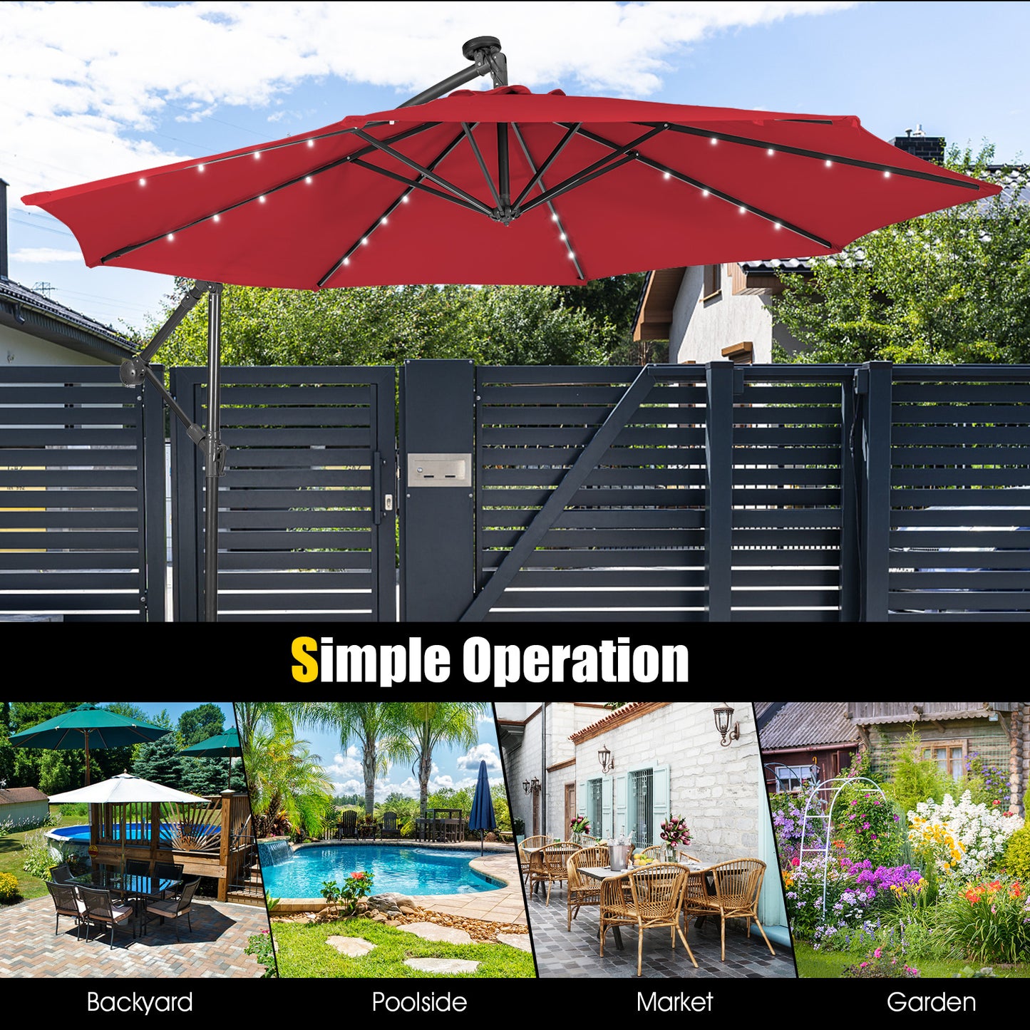 10 Feet Patio Solar Powered Cantilever Umbrella with Tilting System-Wine Kids Crystal