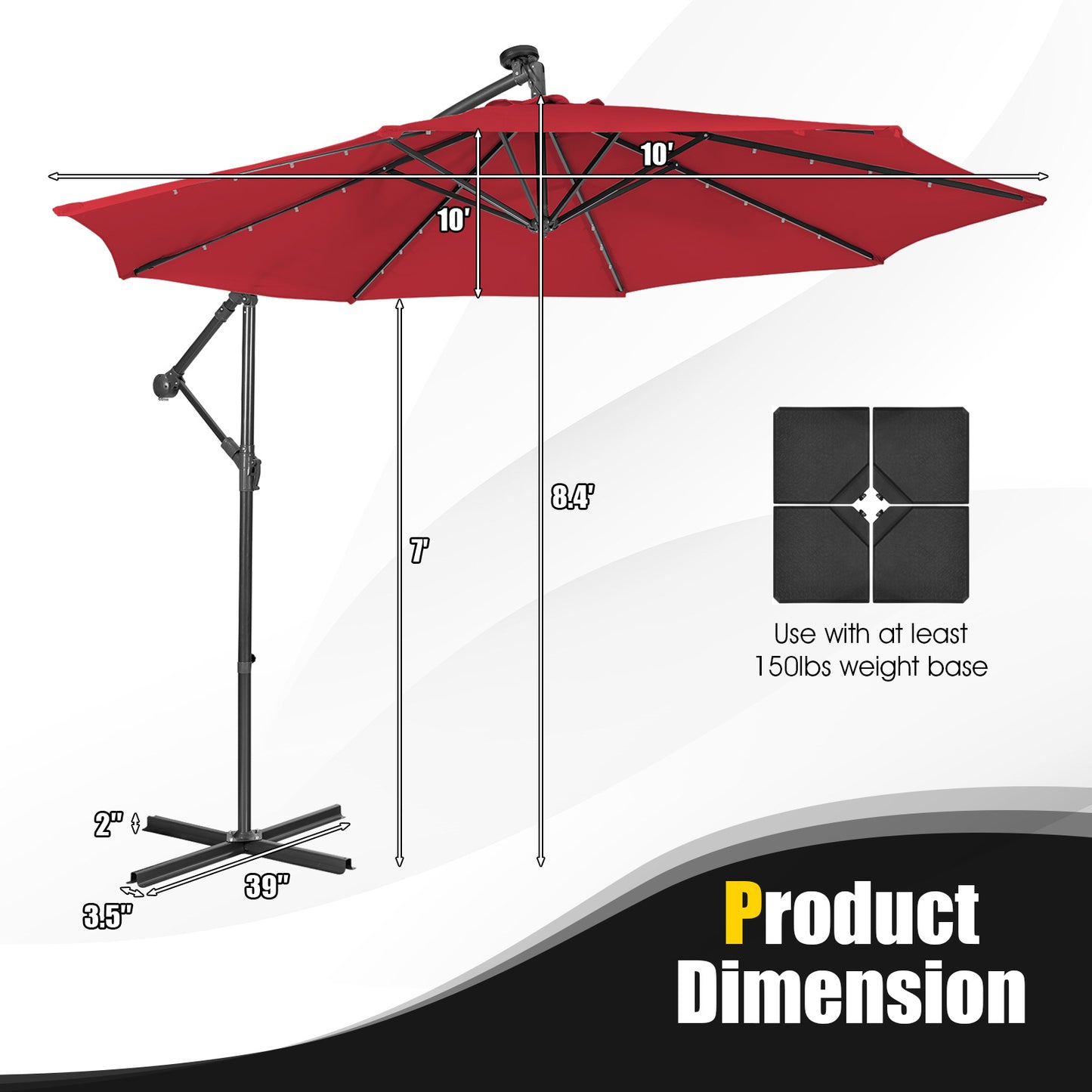 10 Feet Patio Solar Powered Cantilever Umbrella with Tilting System-Wine Kids Crystal