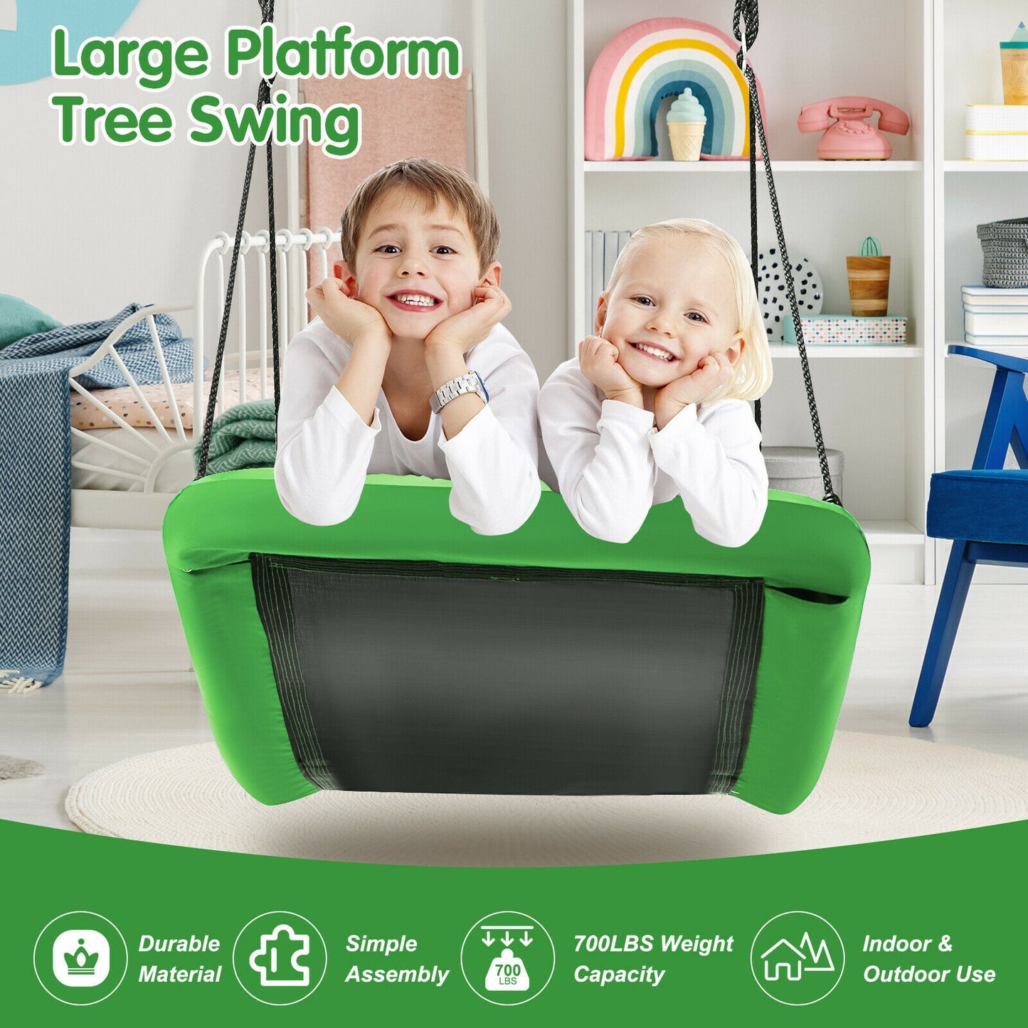 700lb Giant 60 Inch Platform Tree Swing for Kids and Adults-Green Kids Crystal
