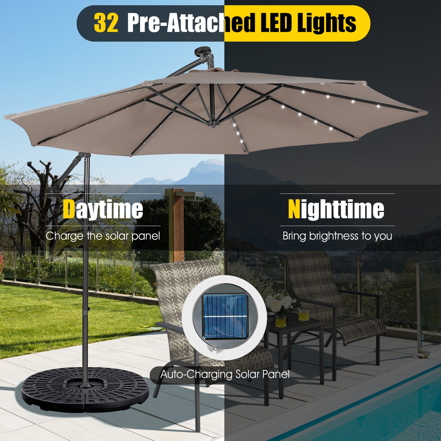 10 Feet Patio Solar Powered Cantilever Umbrella with Tilting System-Coffee Kids Crystal
