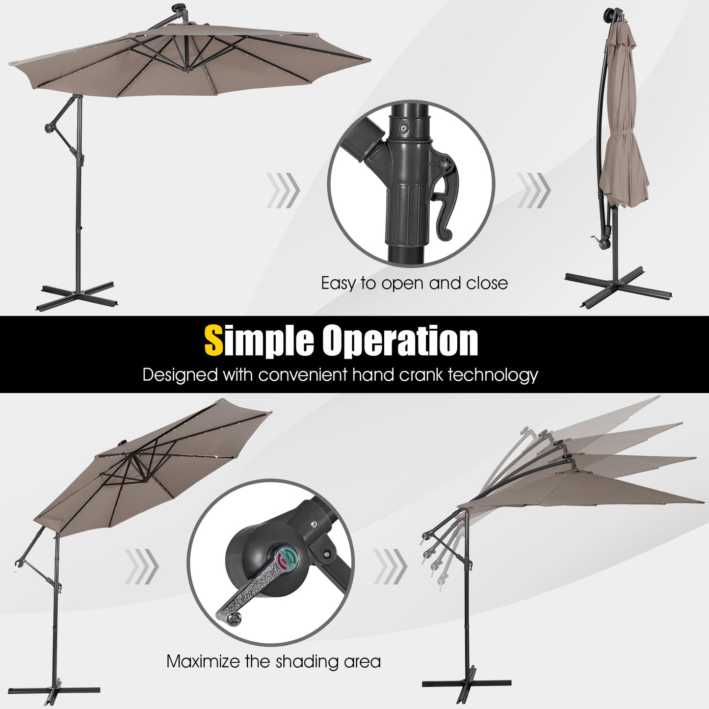 10 Feet Patio Solar Powered Cantilever Umbrella with Tilting System-Coffee Kids Crystal