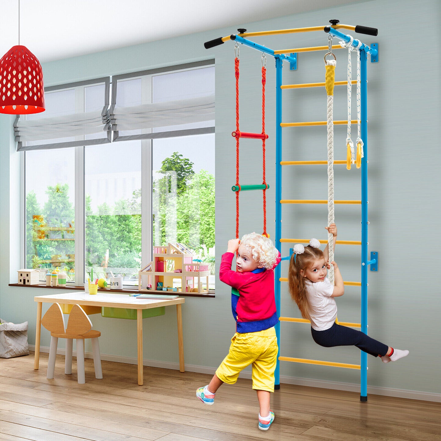 5 In 1 Kids Indoor Gym Playground Swedish Wall Ladder for Solid Wall-Yellow Kids Crystal