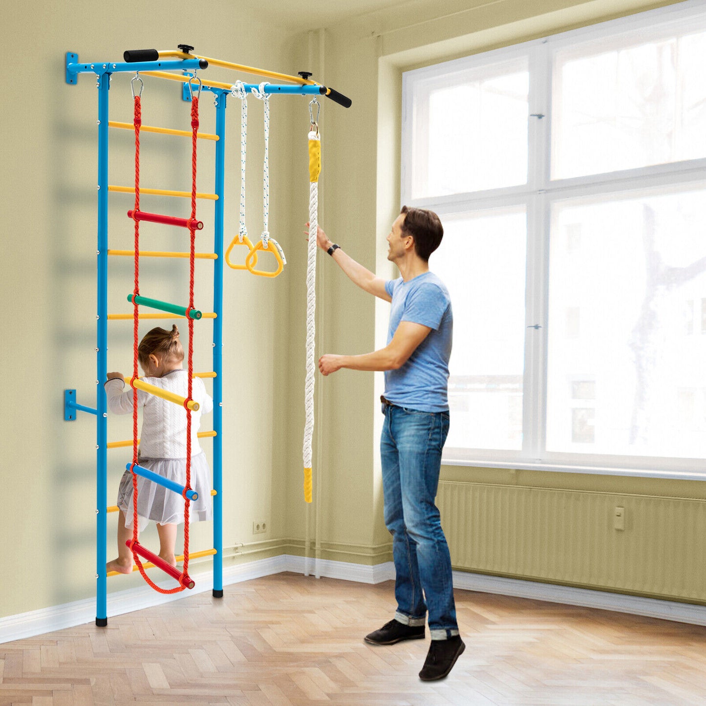 5 In 1 Kids Indoor Gym Playground Swedish Wall Ladder for Solid Wall-Yellow Kids Crystal
