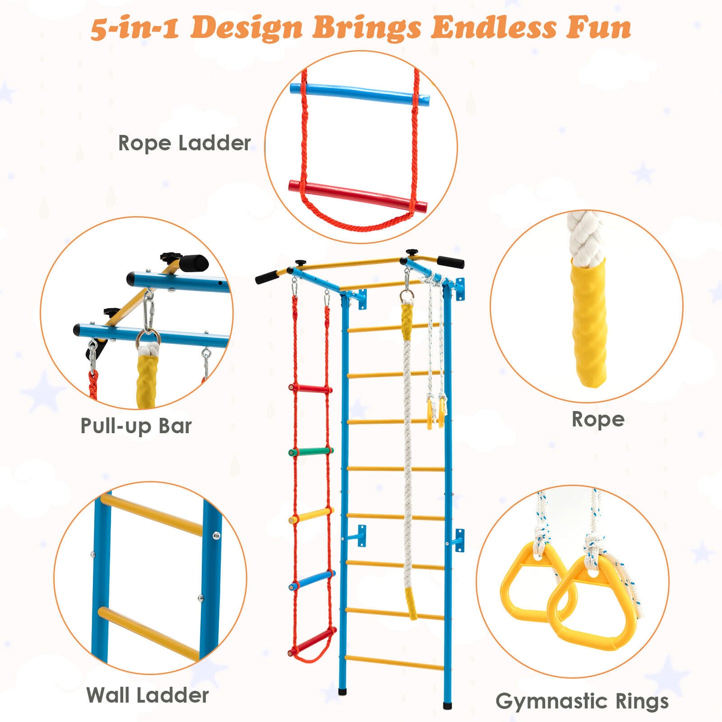 5 In 1 Kids Indoor Gym Playground Swedish Wall Ladder for Solid Wall-Yellow Kids Crystal