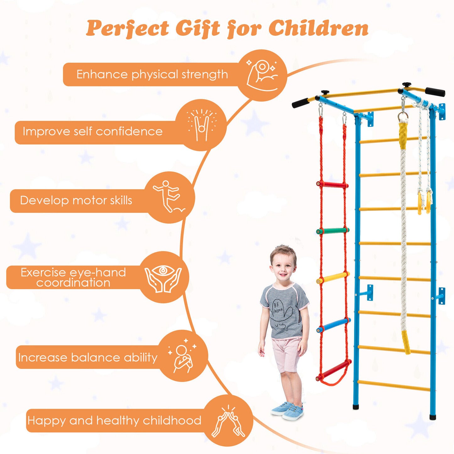 5 In 1 Kids Indoor Gym Playground Swedish Wall Ladder for Solid Wall-Yellow Kids Crystal