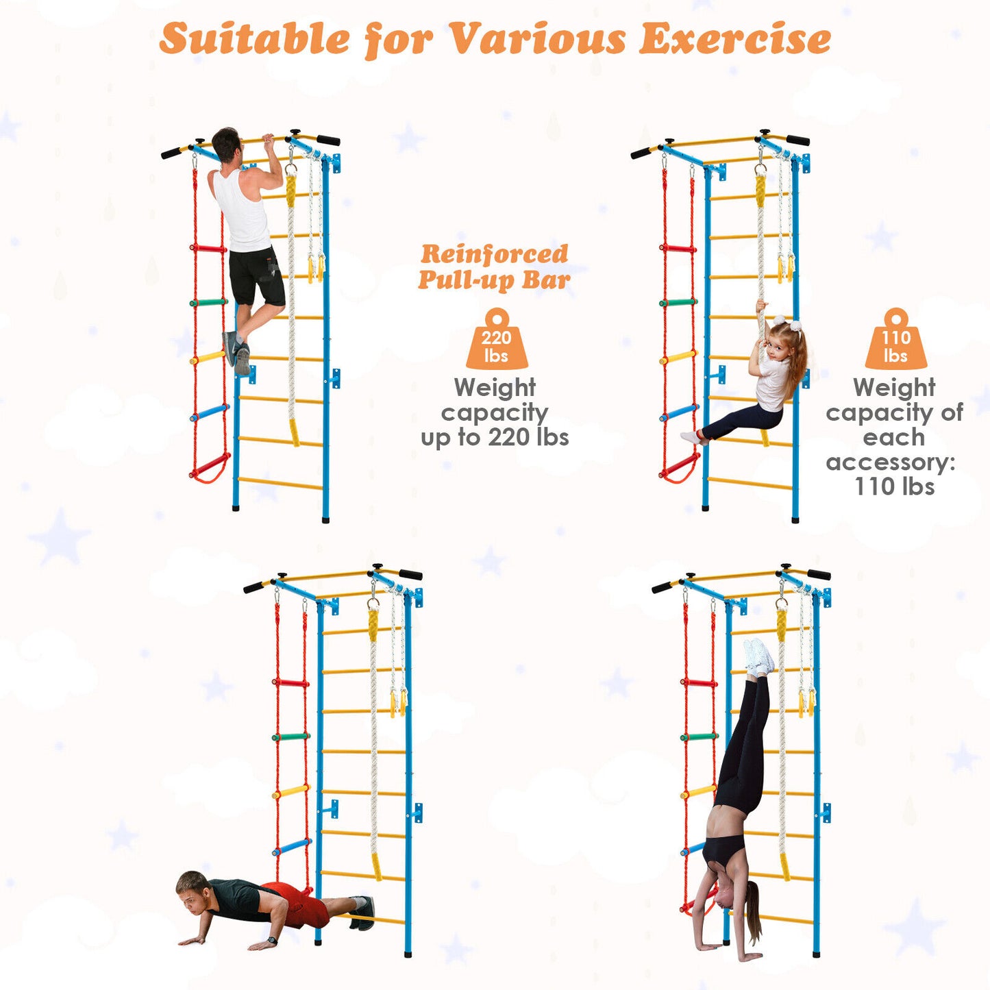 5 In 1 Kids Indoor Gym Playground Swedish Wall Ladder for Solid Wall-Yellow Kids Crystal