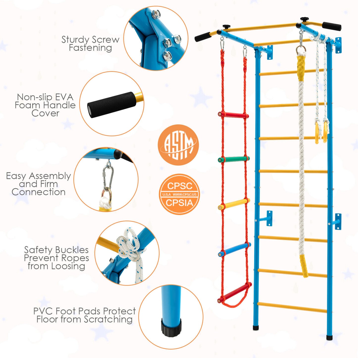 5 In 1 Kids Indoor Gym Playground Swedish Wall Ladder for Solid Wall-Yellow Kids Crystal