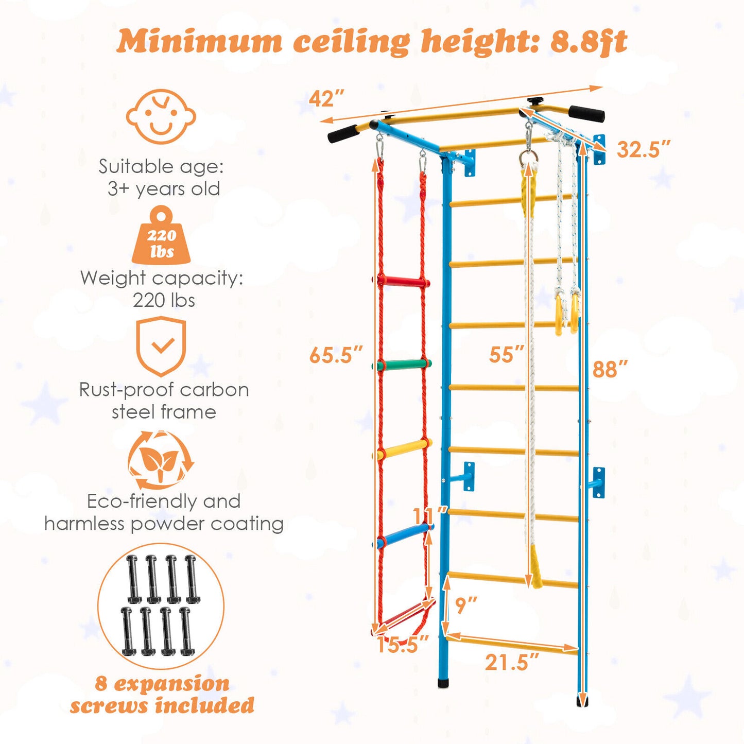 5 In 1 Kids Indoor Gym Playground Swedish Wall Ladder for Solid Wall-Yellow Kids Crystal