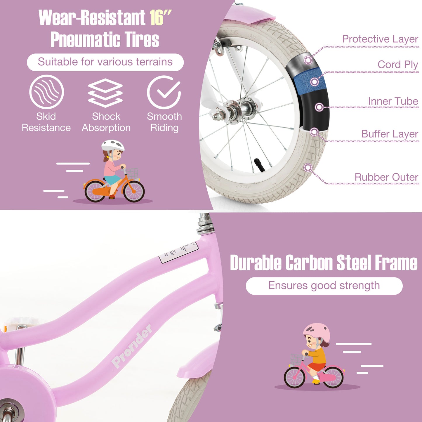 16 Inch Kids Bike with Front Handbrake and 2 Training Wheels-Purple Kids Crystal