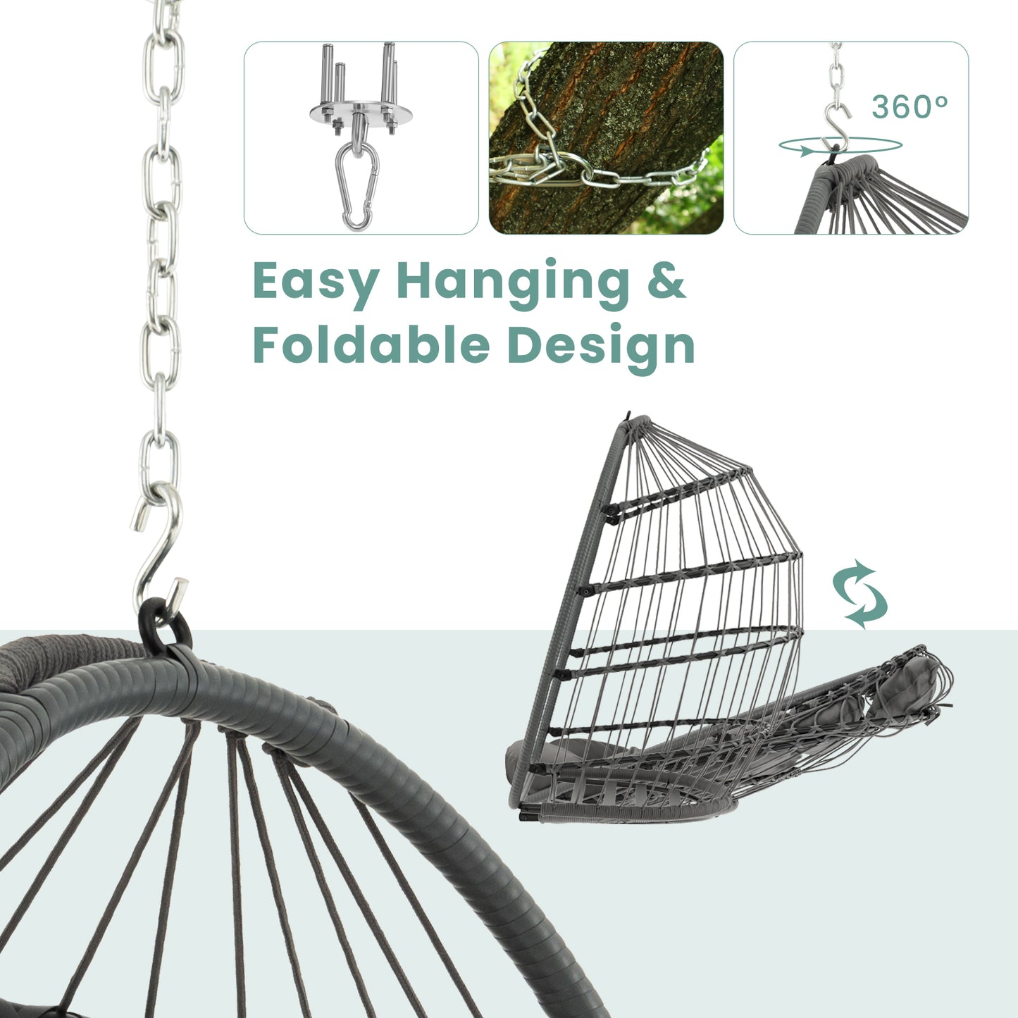 Hanging Egg Chair with Head Pillow and Large Seat Cushion-Gray Kids Crystal