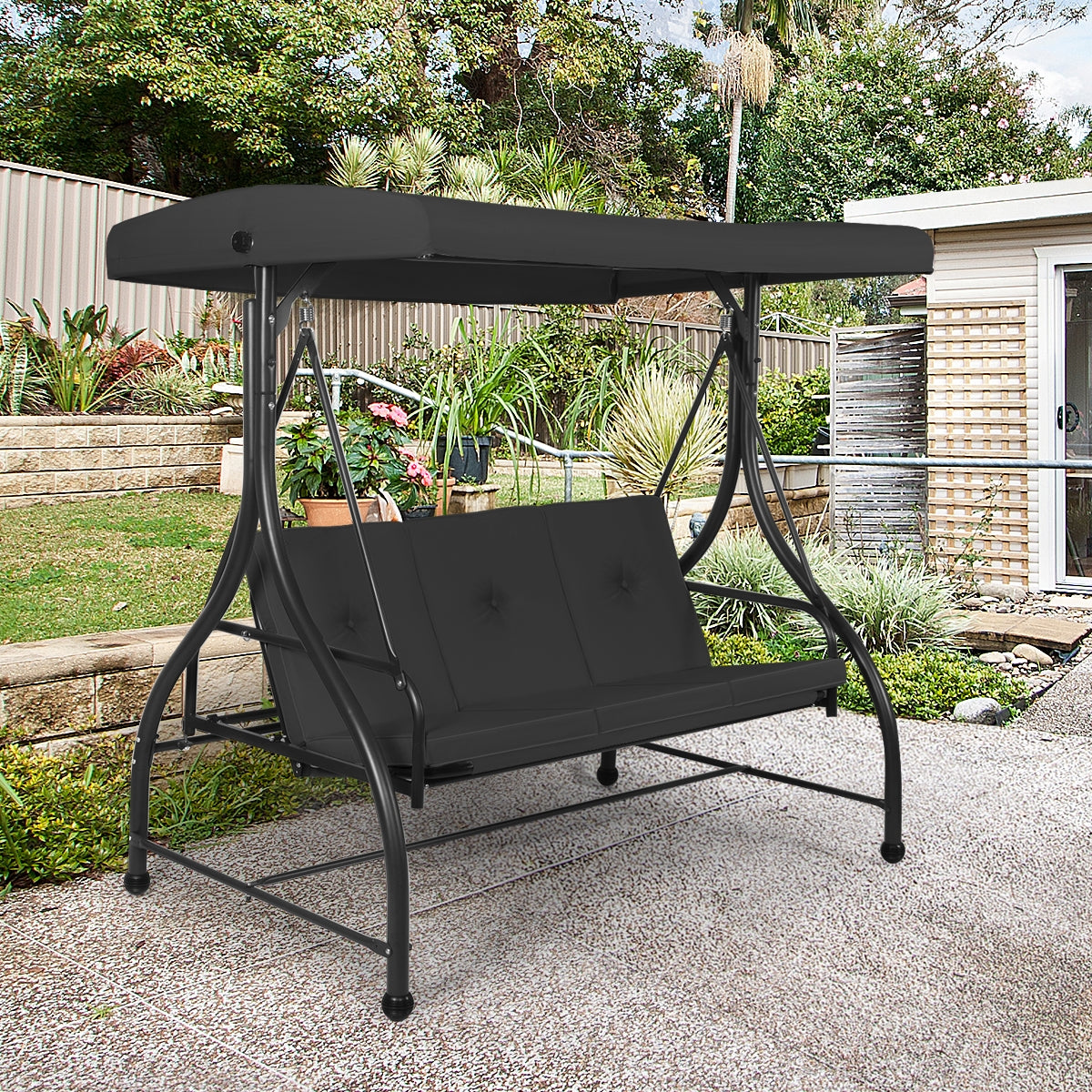 3 Seats Converting Outdoor Swing Canopy Hammock with Adjustable Tilt Canopy-Black Kids Crystal