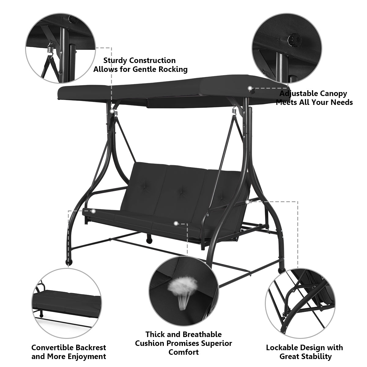 3 Seats Converting Outdoor Swing Canopy Hammock with Adjustable Tilt Canopy-Black Kids Crystal