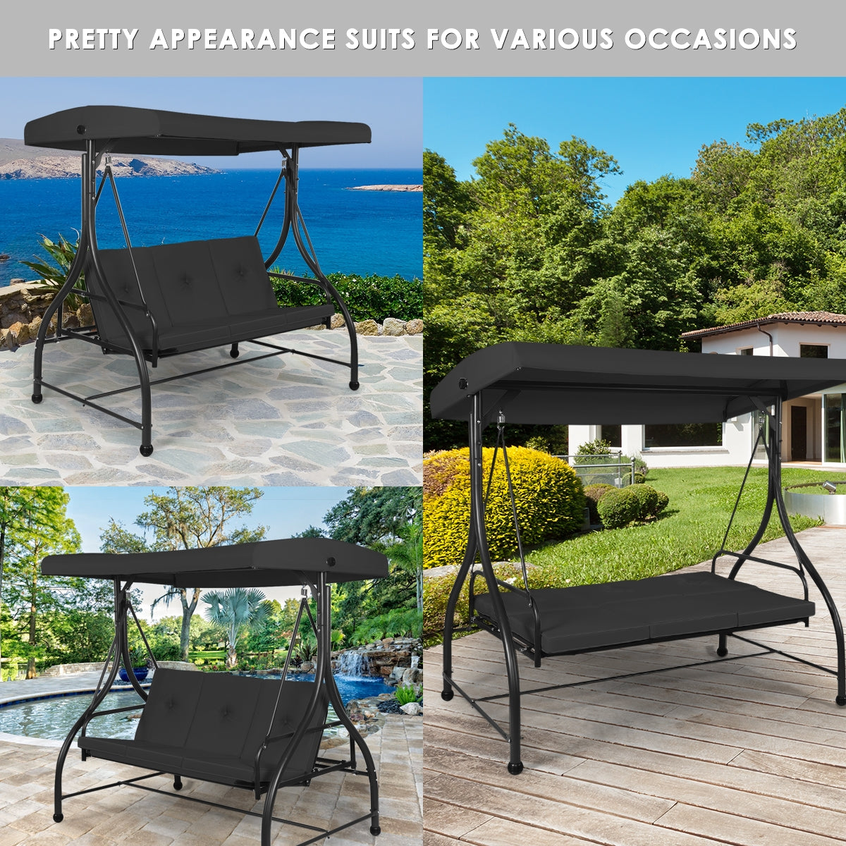 3 Seats Converting Outdoor Swing Canopy Hammock with Adjustable Tilt Canopy-Black Kids Crystal