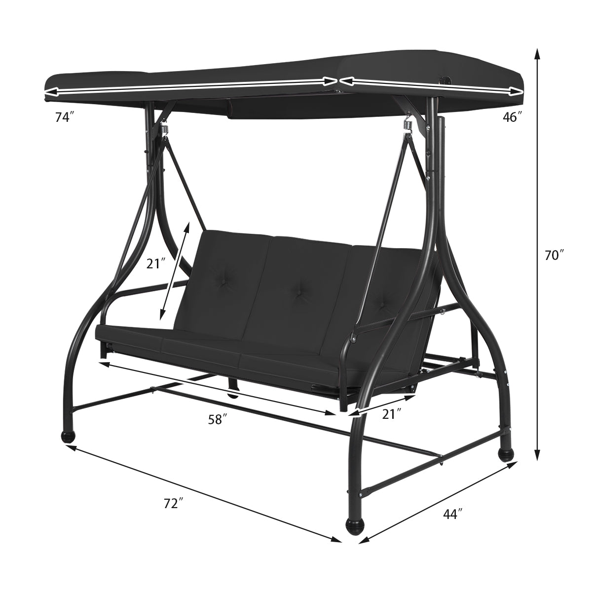 3 Seats Converting Outdoor Swing Canopy Hammock with Adjustable Tilt Canopy-Black Kids Crystal