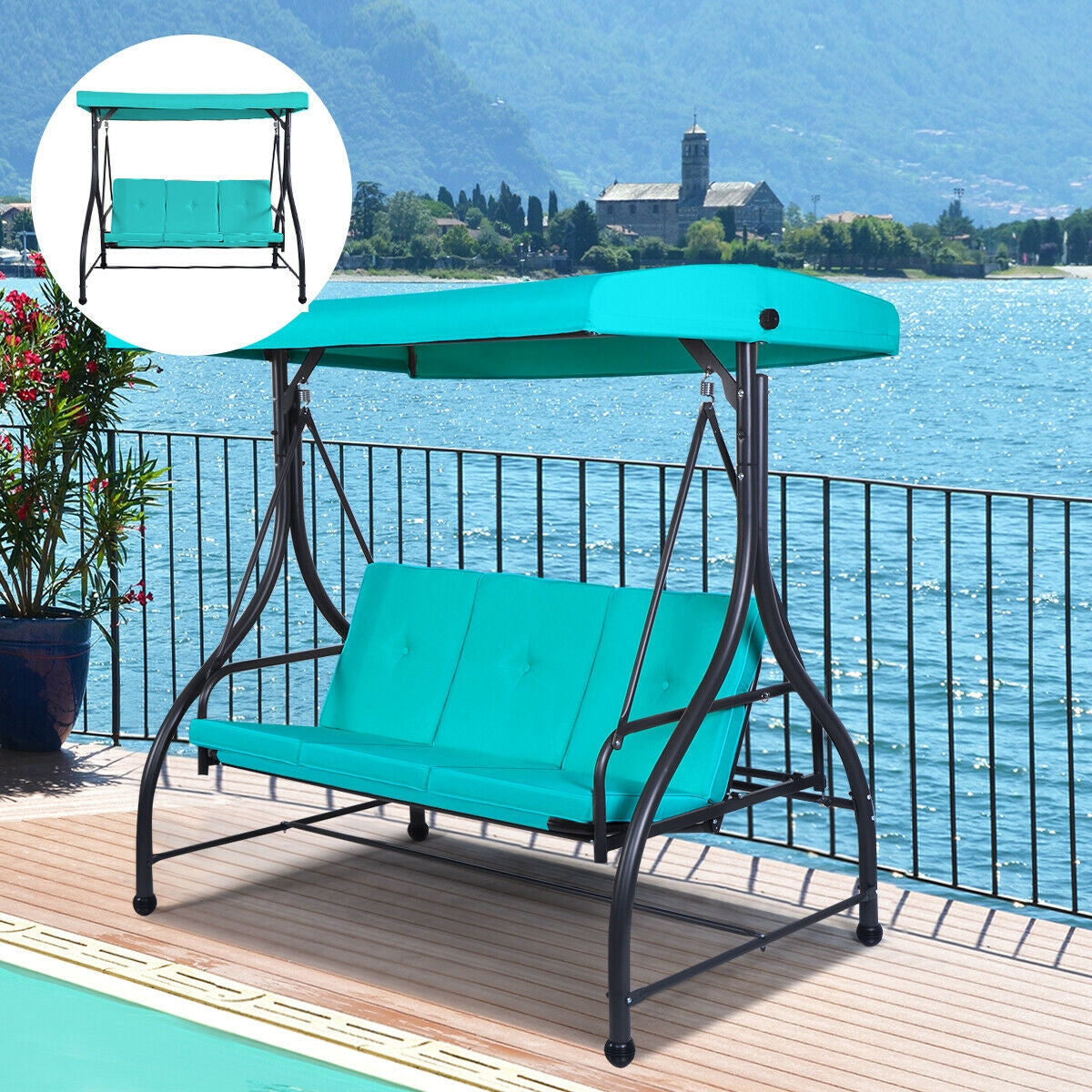 3 Seats Converting Outdoor Swing Canopy Hammock with Adjustable Tilt Canopy-Turquoise Kids Crystal