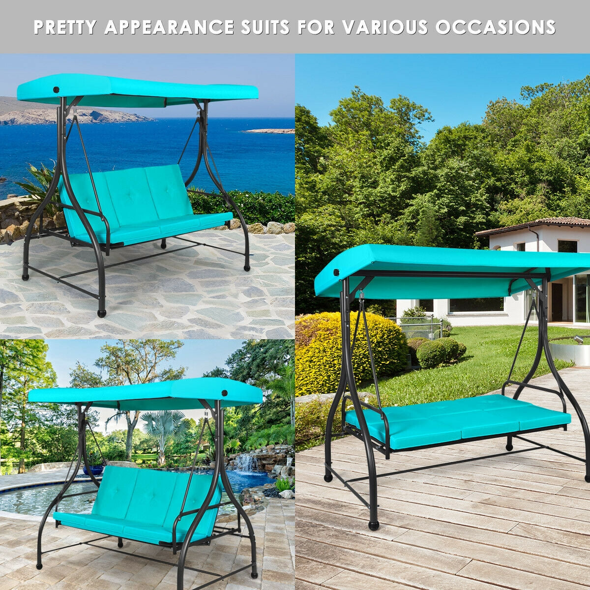 3 Seats Converting Outdoor Swing Canopy Hammock with Adjustable Tilt Canopy-Turquoise Kids Crystal